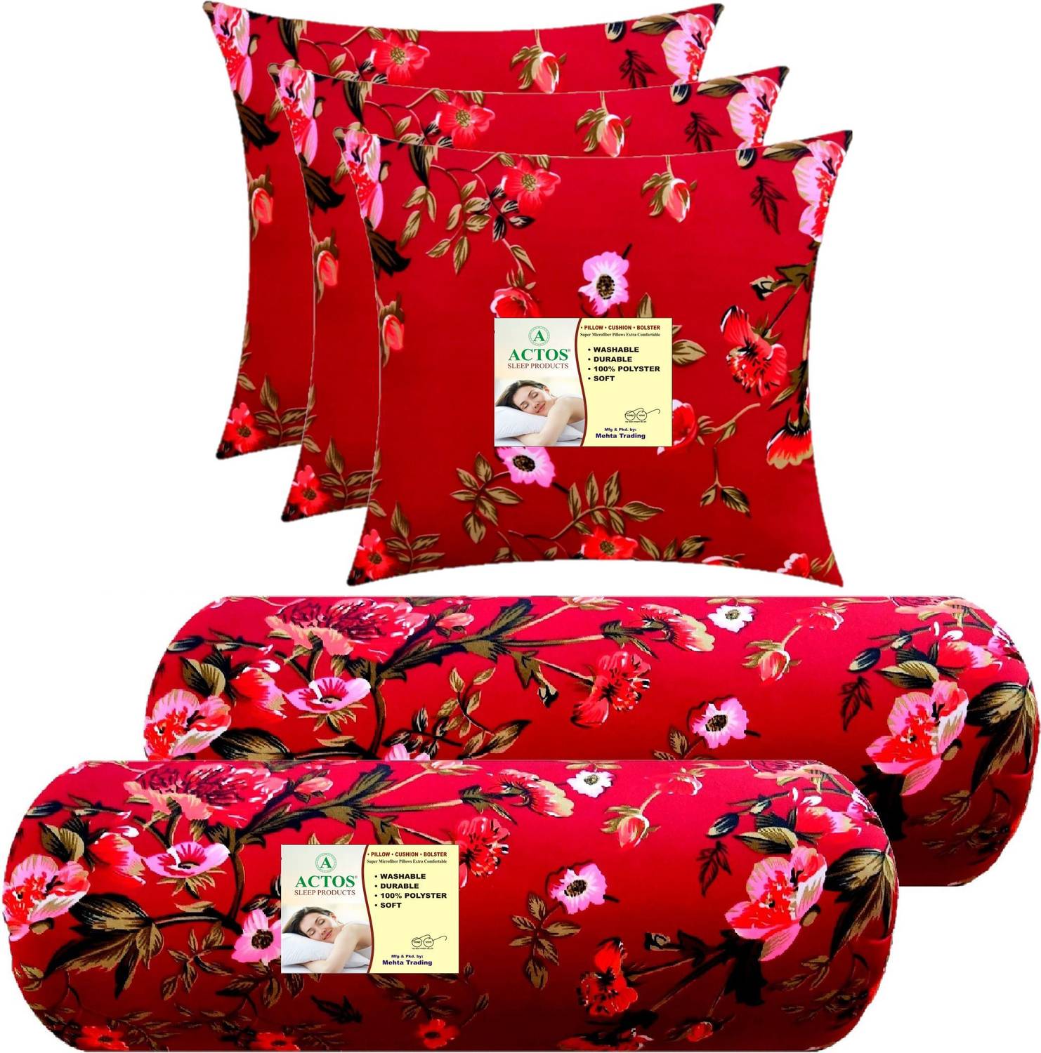 ACTOS Cotton Bolster Pack of 5 Floral Combo Set Of 3 Cushion And 2
