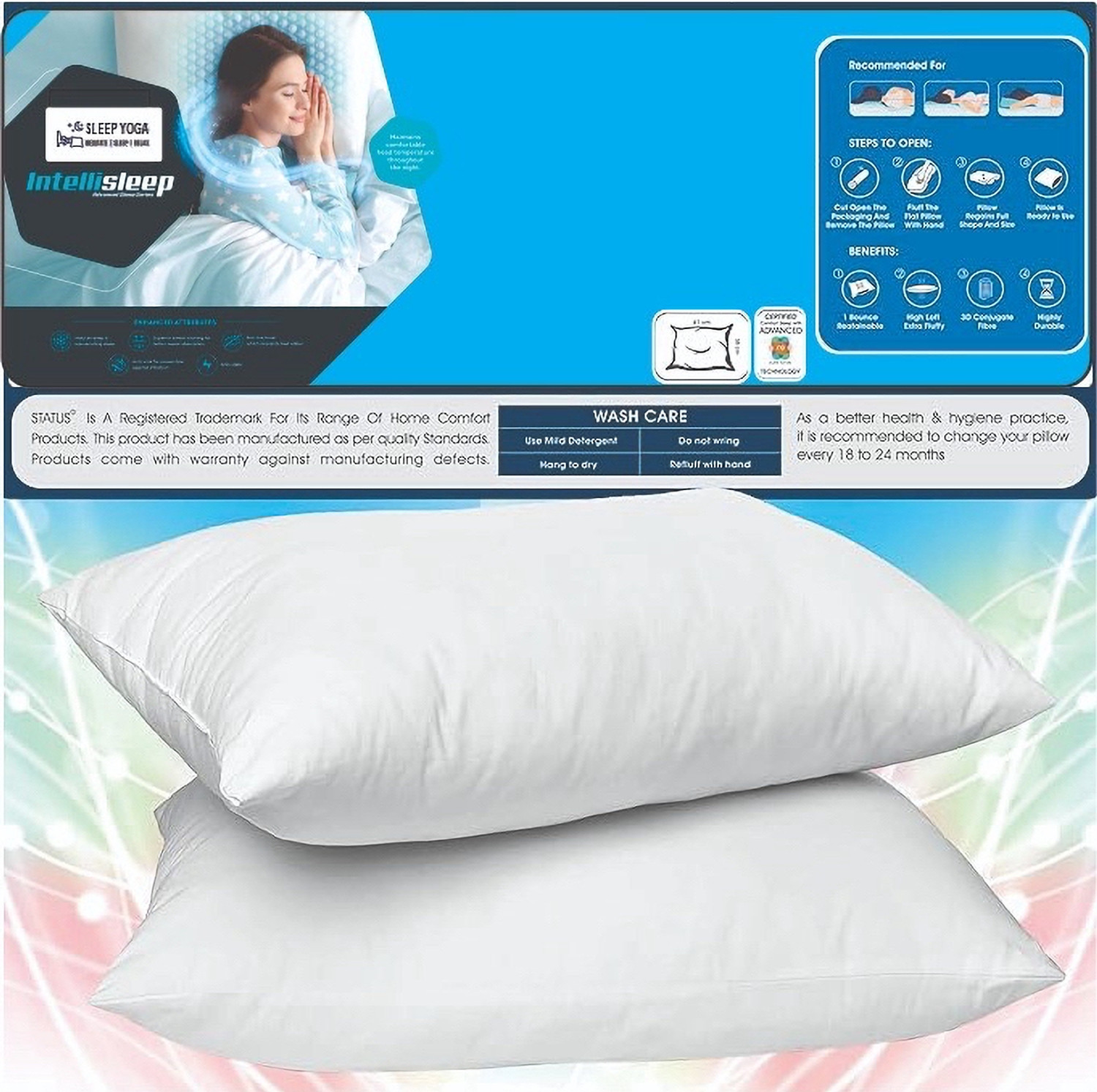 Image of Sleep Yoga Polyester Fibre, Microfibre Sleeping Pillow Pack of 2 Solid
