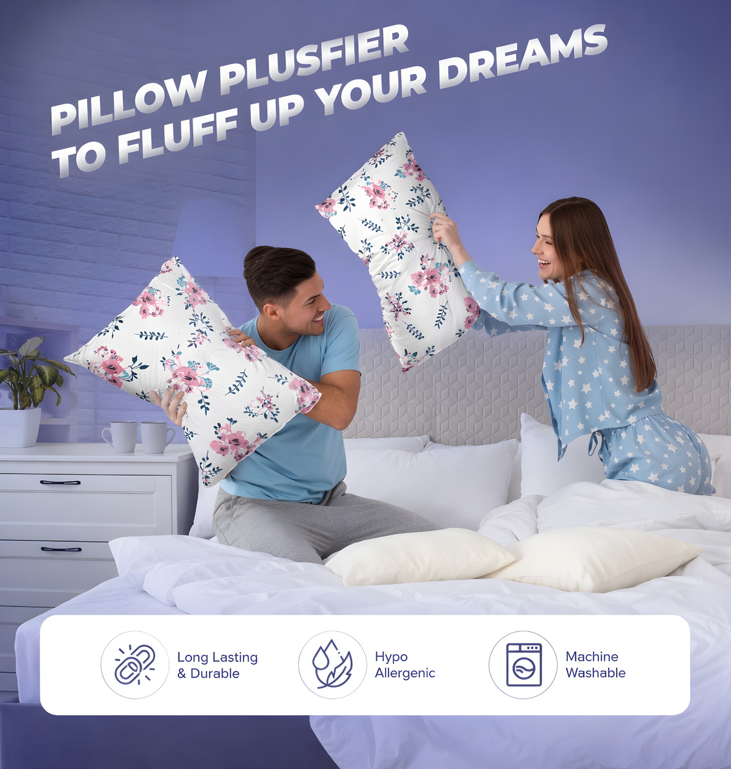 Image of LIPONOS Microfibre Sleeping Pillow Pack of 3 Floral Premium