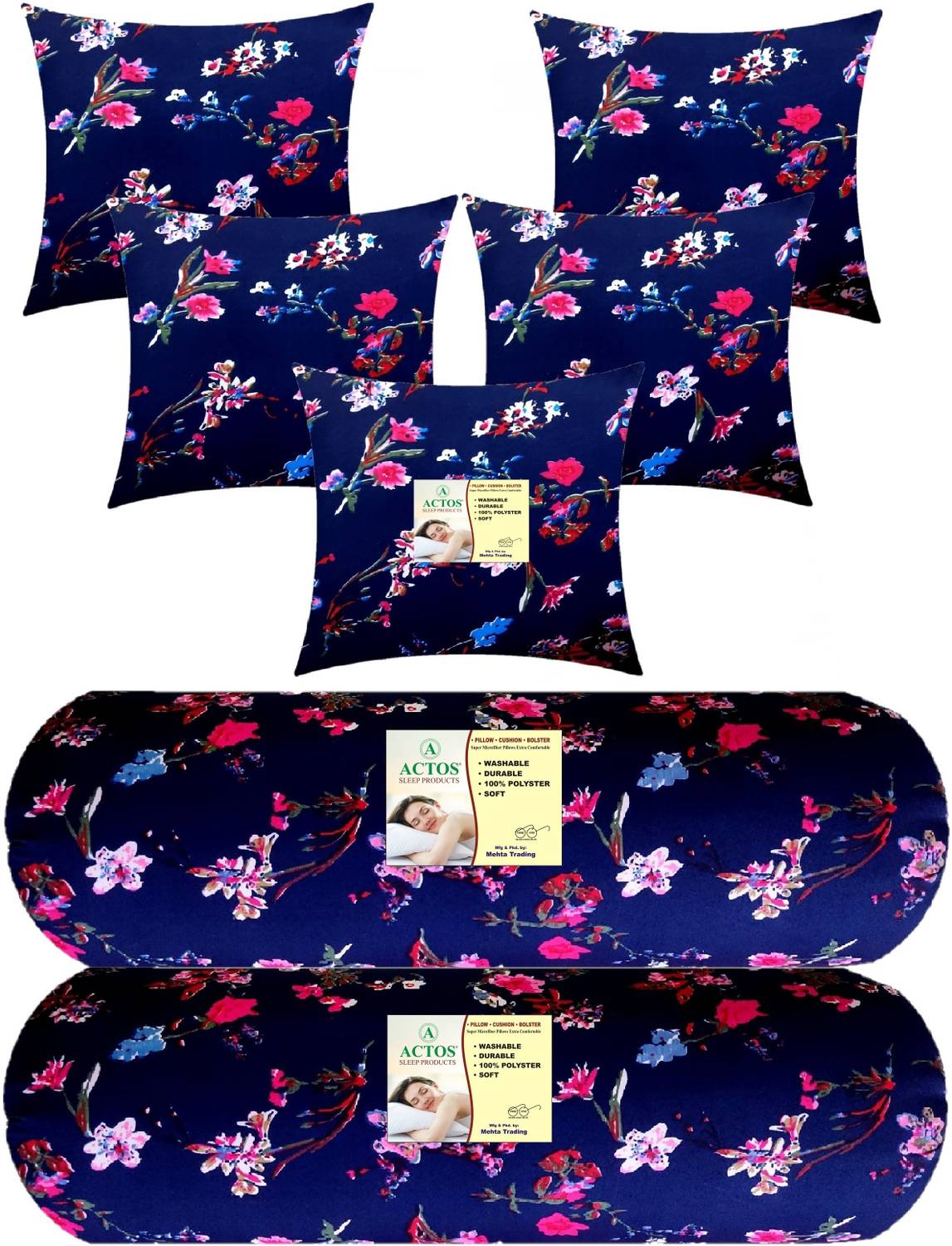ACTOS Microfibre Bolster Pack of 7 Floral Combo Set Of 5 Cushion And 2