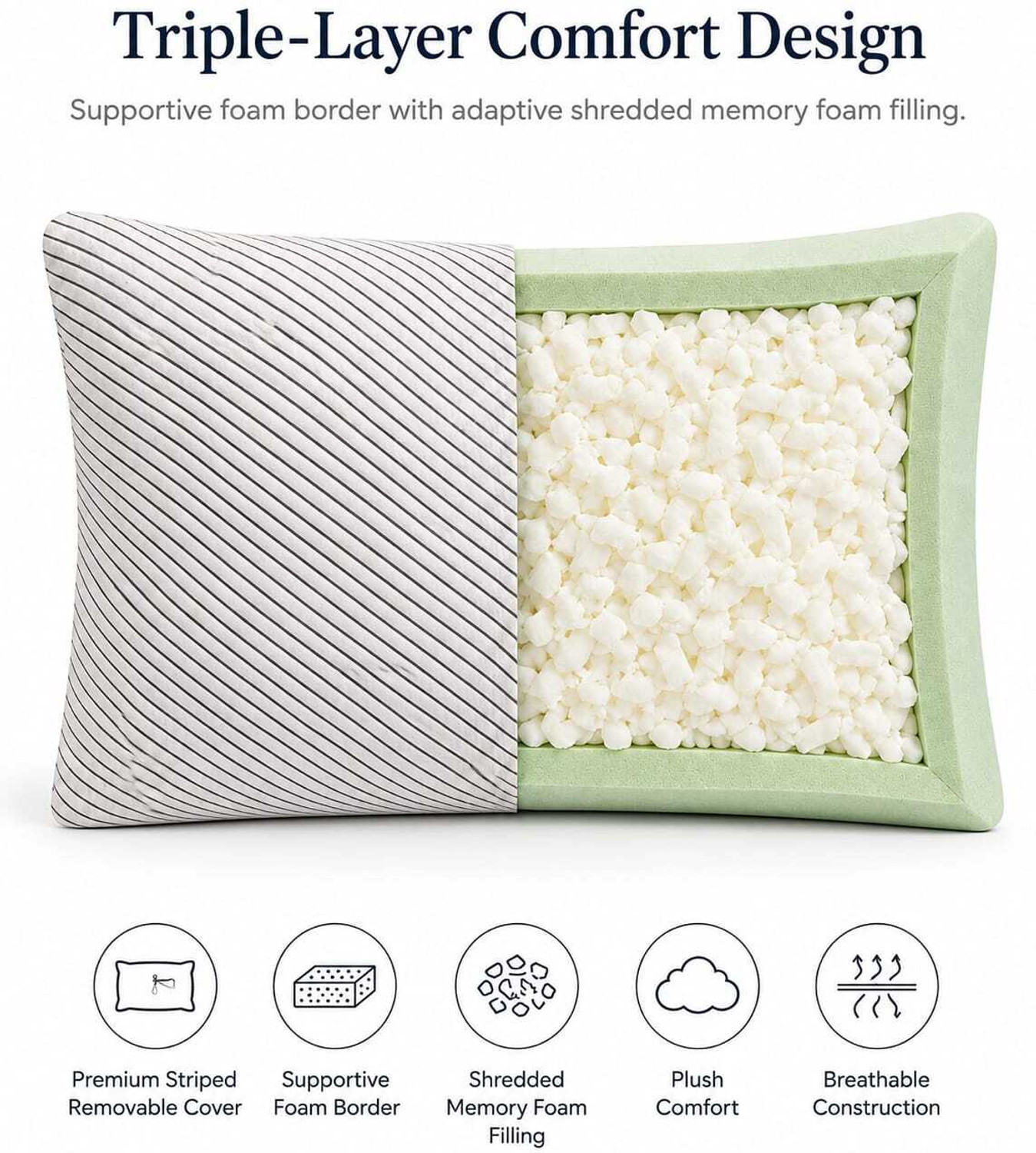 Image of COO RIZZ Nap time Anytime Memory Foam Sleeping Pillow Pack of 1 Stripes Shredded Memory Foam Pillow with Extra Filling
