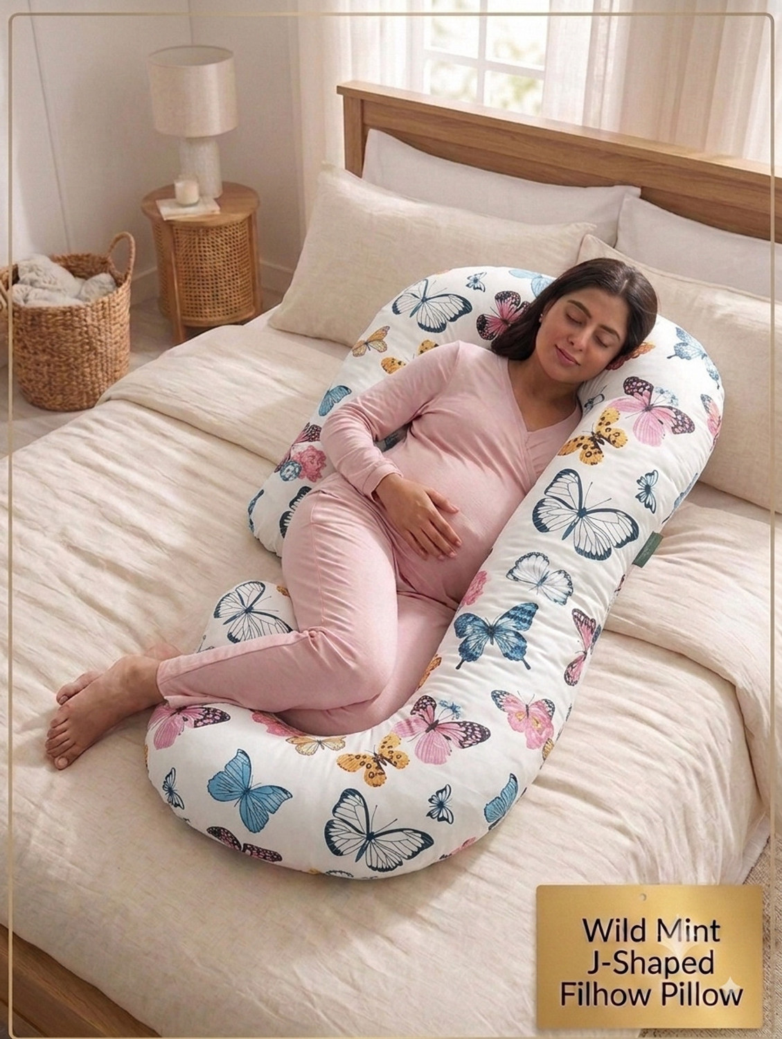 Image of WILD MINT Polyester Fibre Pregnancy Pillow Pack of 1 Birds WILDMINT PREMIUM J SHAPE PREGNANCY PILLOW