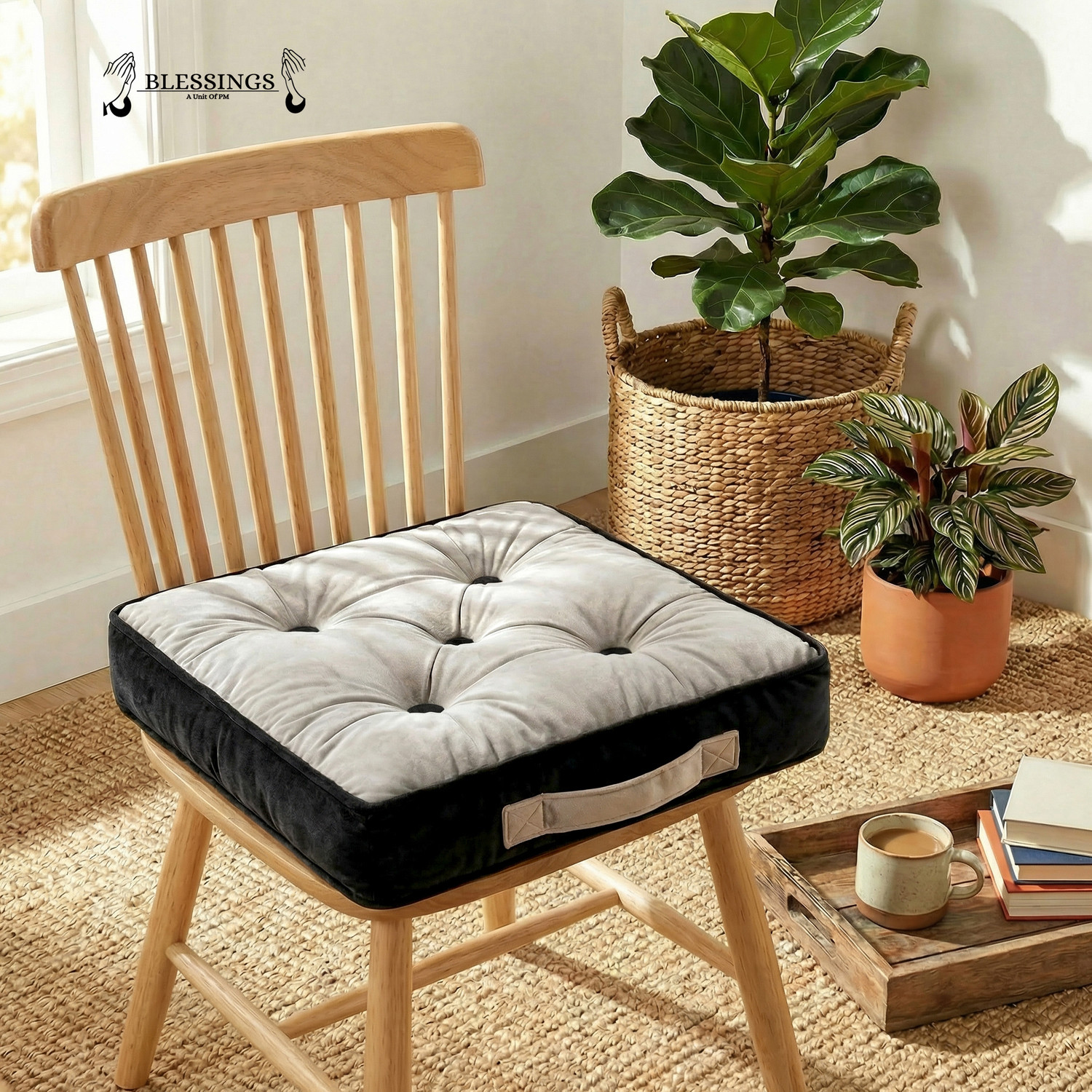 Image of BLESSINGS Microfibre Floor Cushion Pack of 1 Solid Tufed Floor Cushion (Grey)