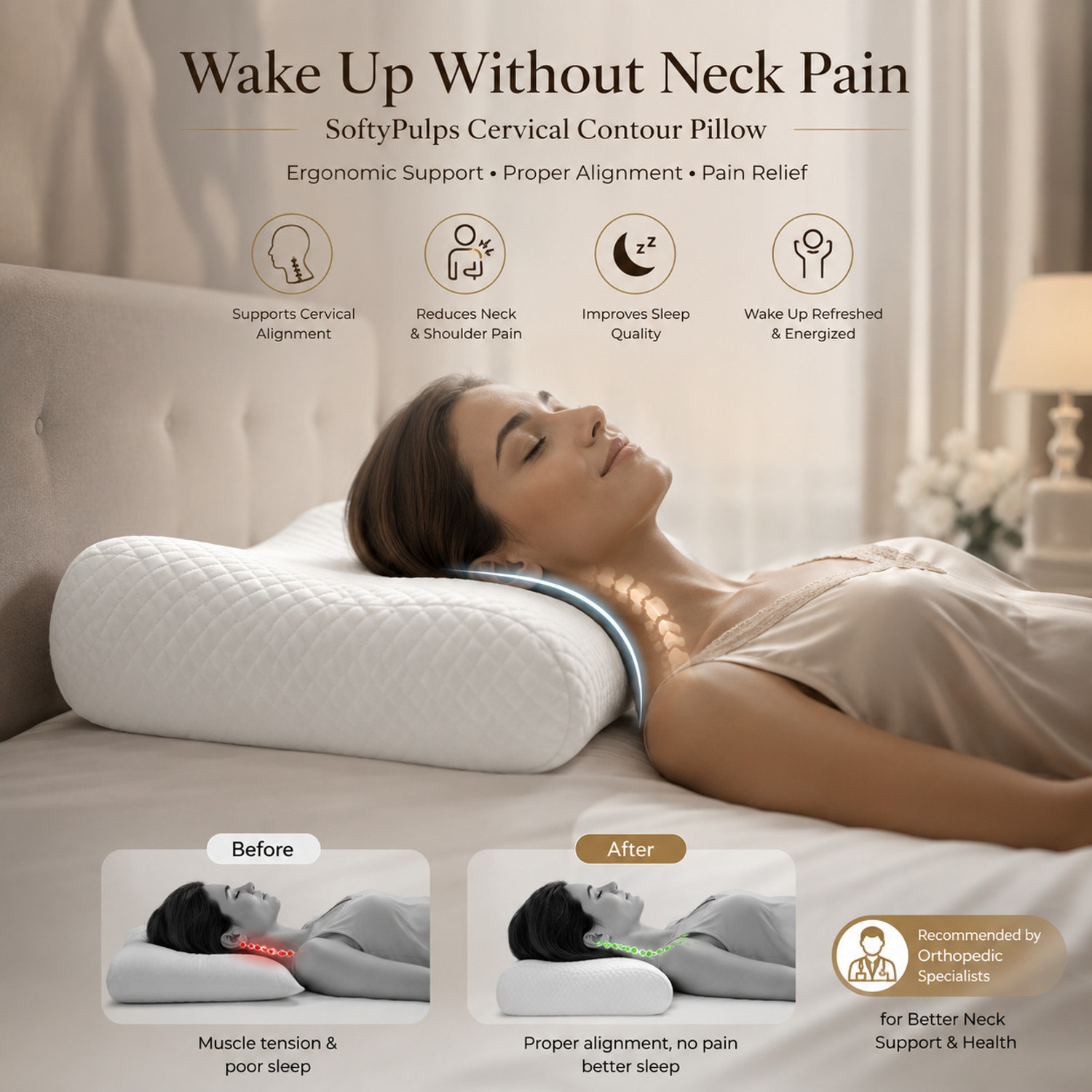 Image of SoftyPulps Memory Foam Orthopaedic Pillow Pack of 2 Solid Softypulps Contour Cervical Memory Foam Pillow