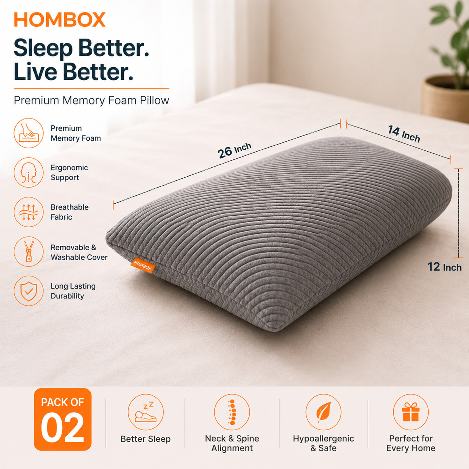 Image of HOMBOX Memory Foam Orthopaedic Pillow Pack of 2 Stripes Memory Foam King Size Pillow