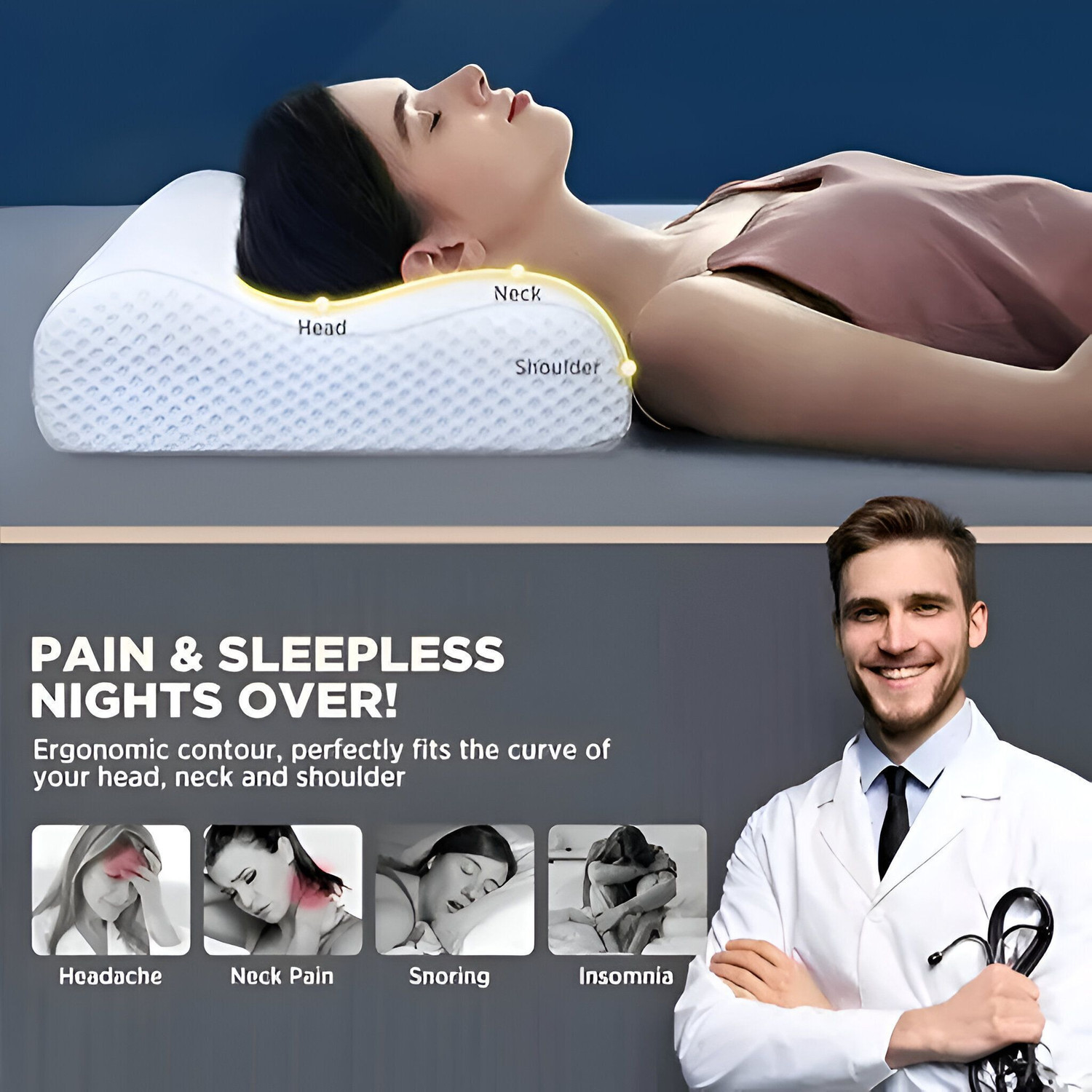 Image of NP-HVRD Memory Foam Orthopaedic Pillow Pack of 1 Solid Orthopaedic Ergonomic Cervical Contour Pillow for Neck Support Side Sleepers