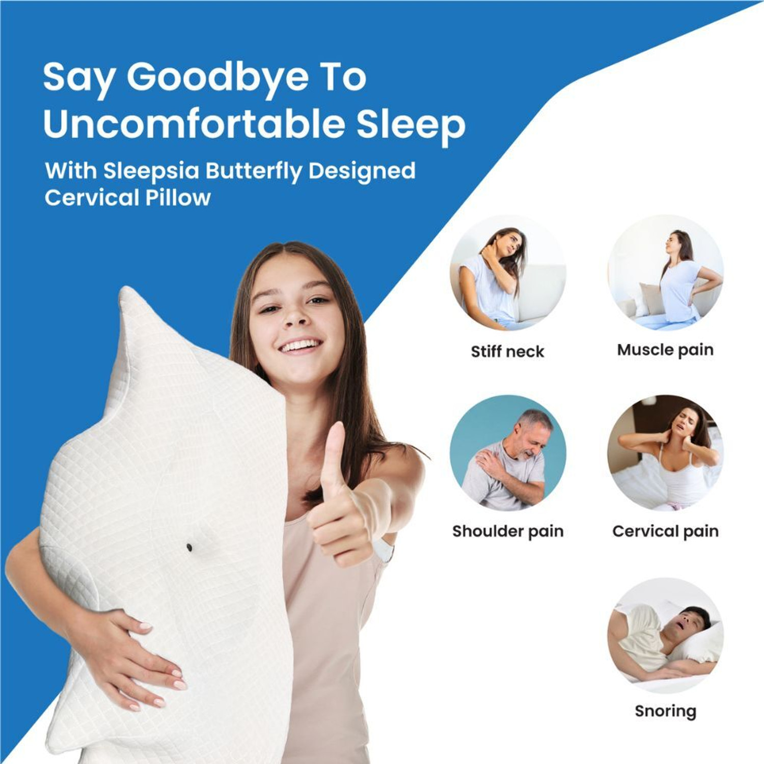 Image of Sleepsia Memory Foam Sleeping Pillow Pack of 1 Solid Butterfly Memory Foam Contour Cervical Orthopedic Pillow for Neck Pain Relief -
