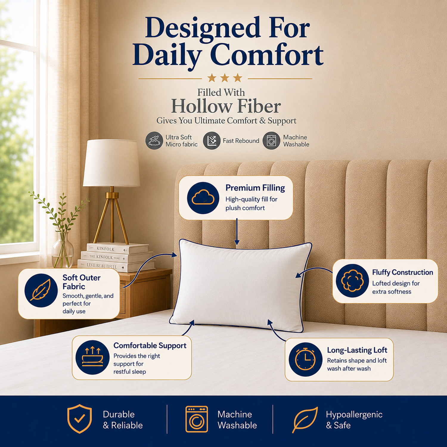 Image of Heavenbirds Polyester Fibre, Hollow Fibre Sleeping Pillow Pack of 1 Solid Pillow