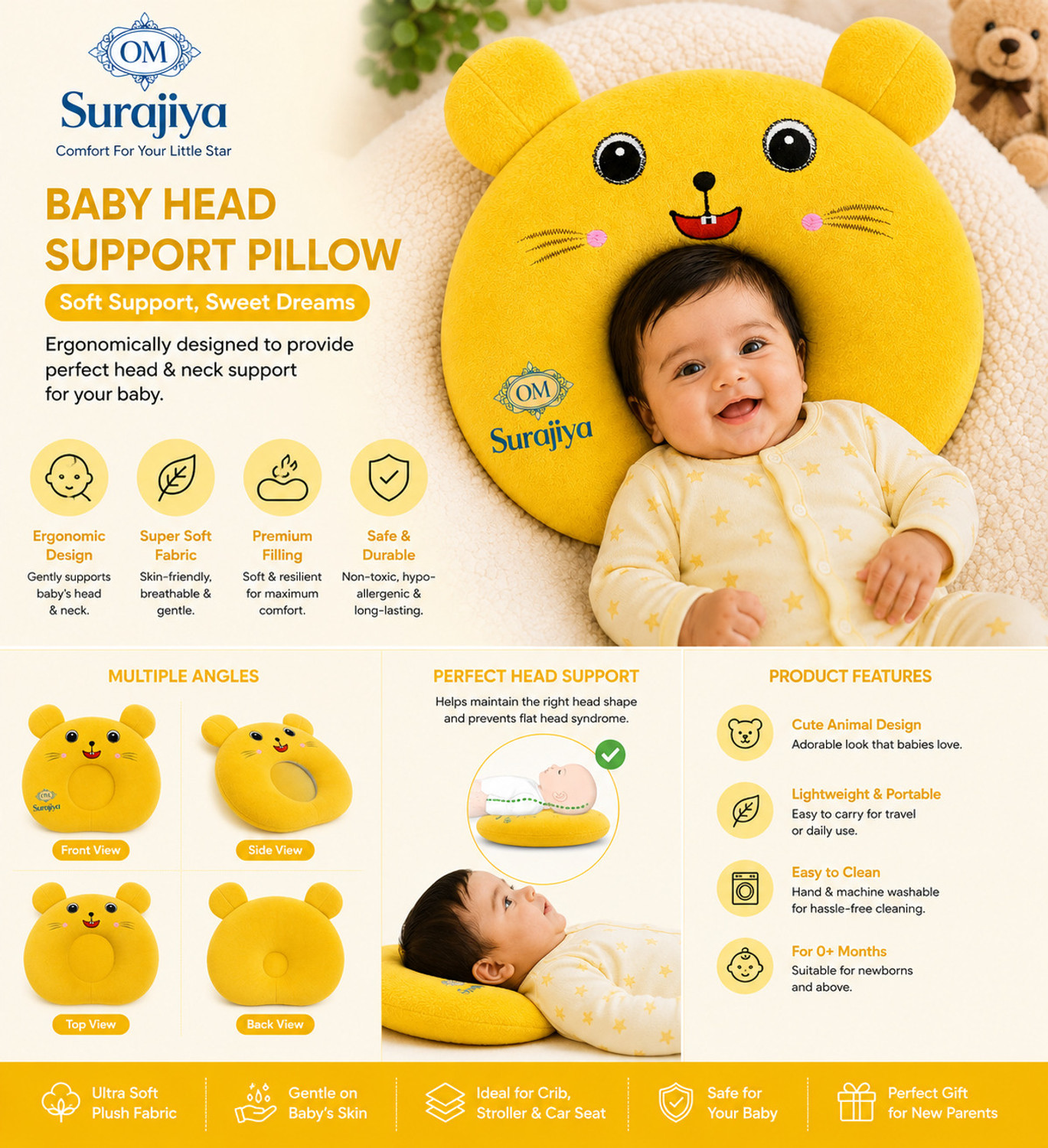 Image of Omsurajiya Microfibre, Mustard Seeds Baby Pillow Pack of 1 Animals Cartoon Kids Pillow | Sleeping Cushion for Girls | Cute Animal Print