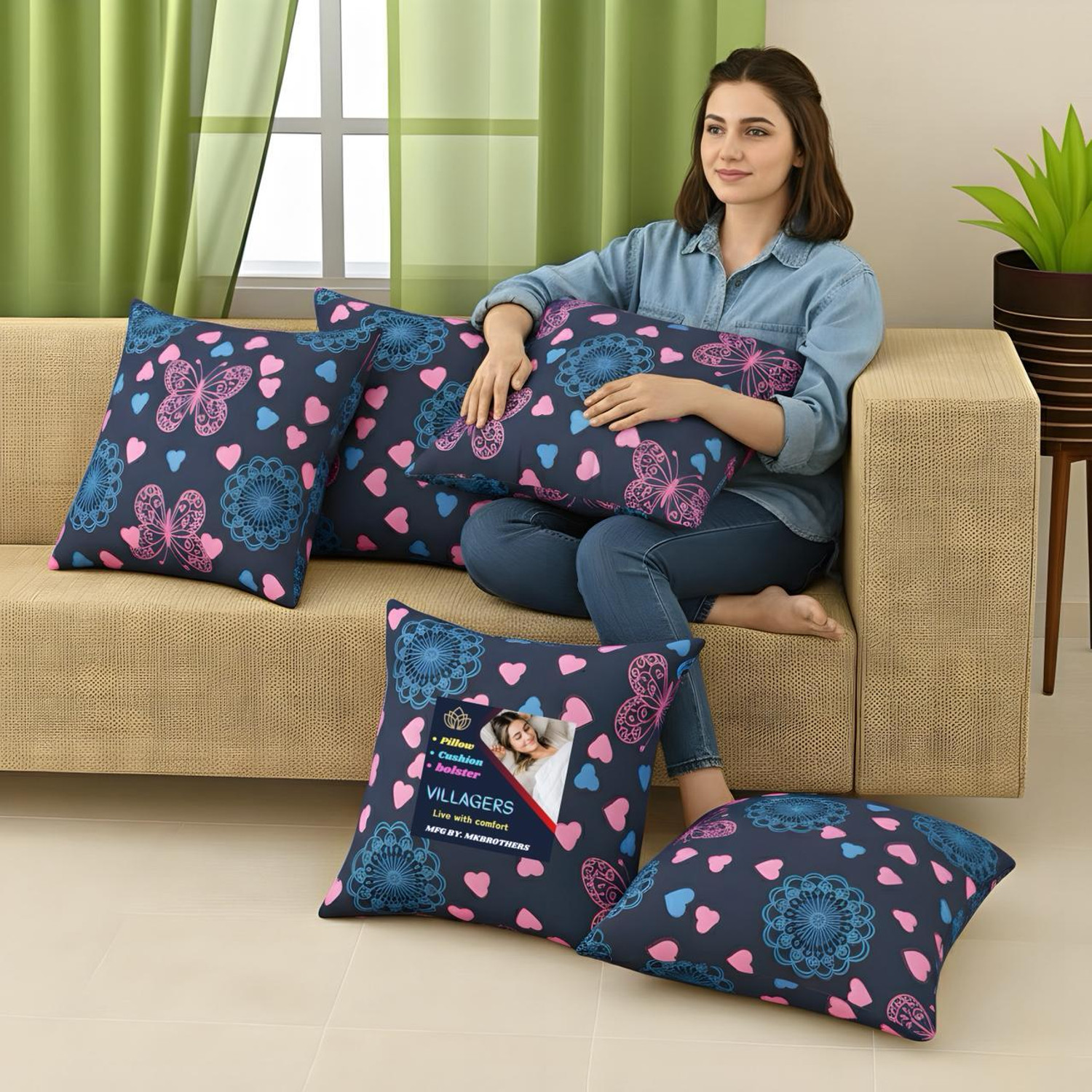 Image of VILLAGERS Microfibre Cushion Pack of 5 Geometric Premium Cushion Set | (16x16 inch)
