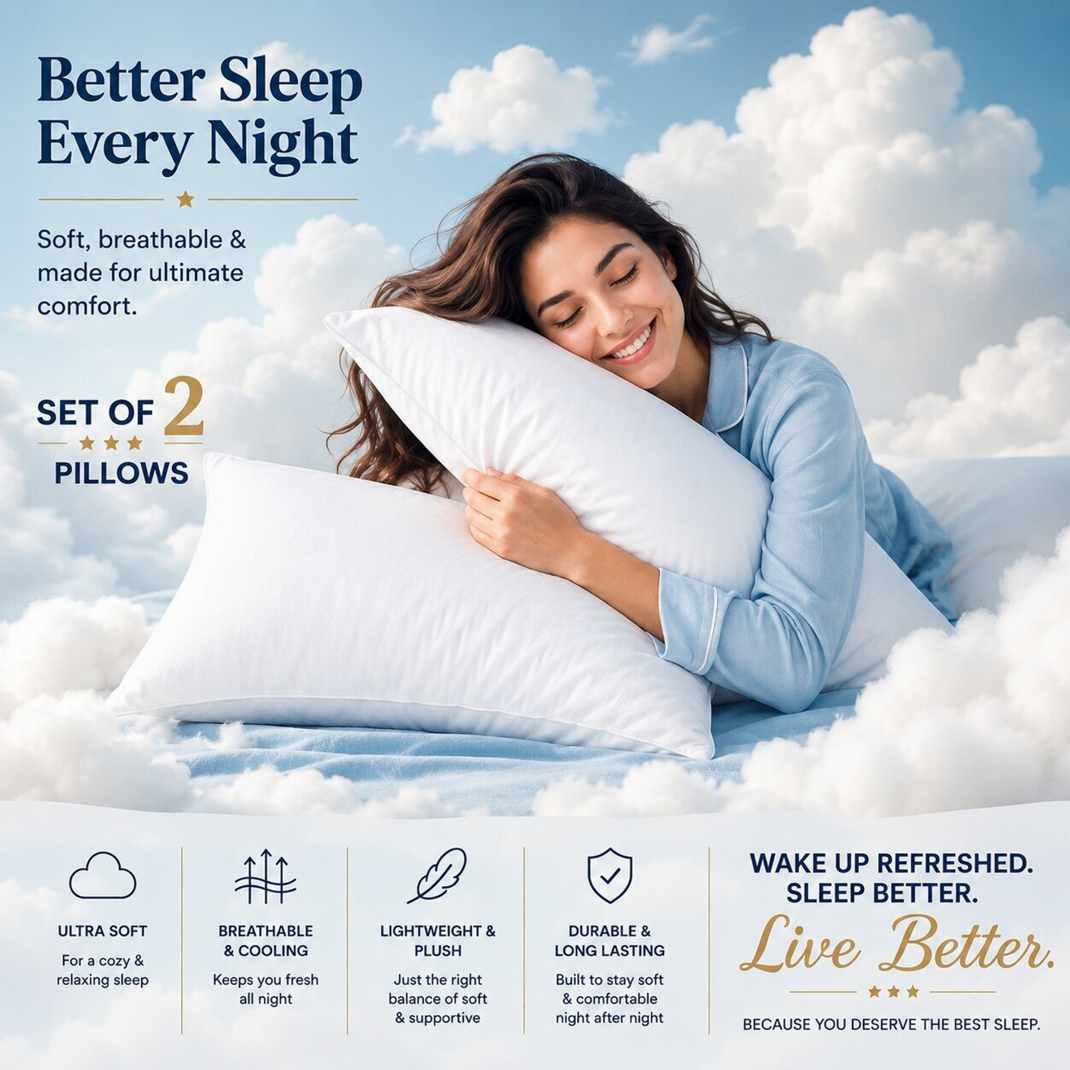 Image of JDX Polyester Fibre Sleeping Pillow Pack of 2 Solid