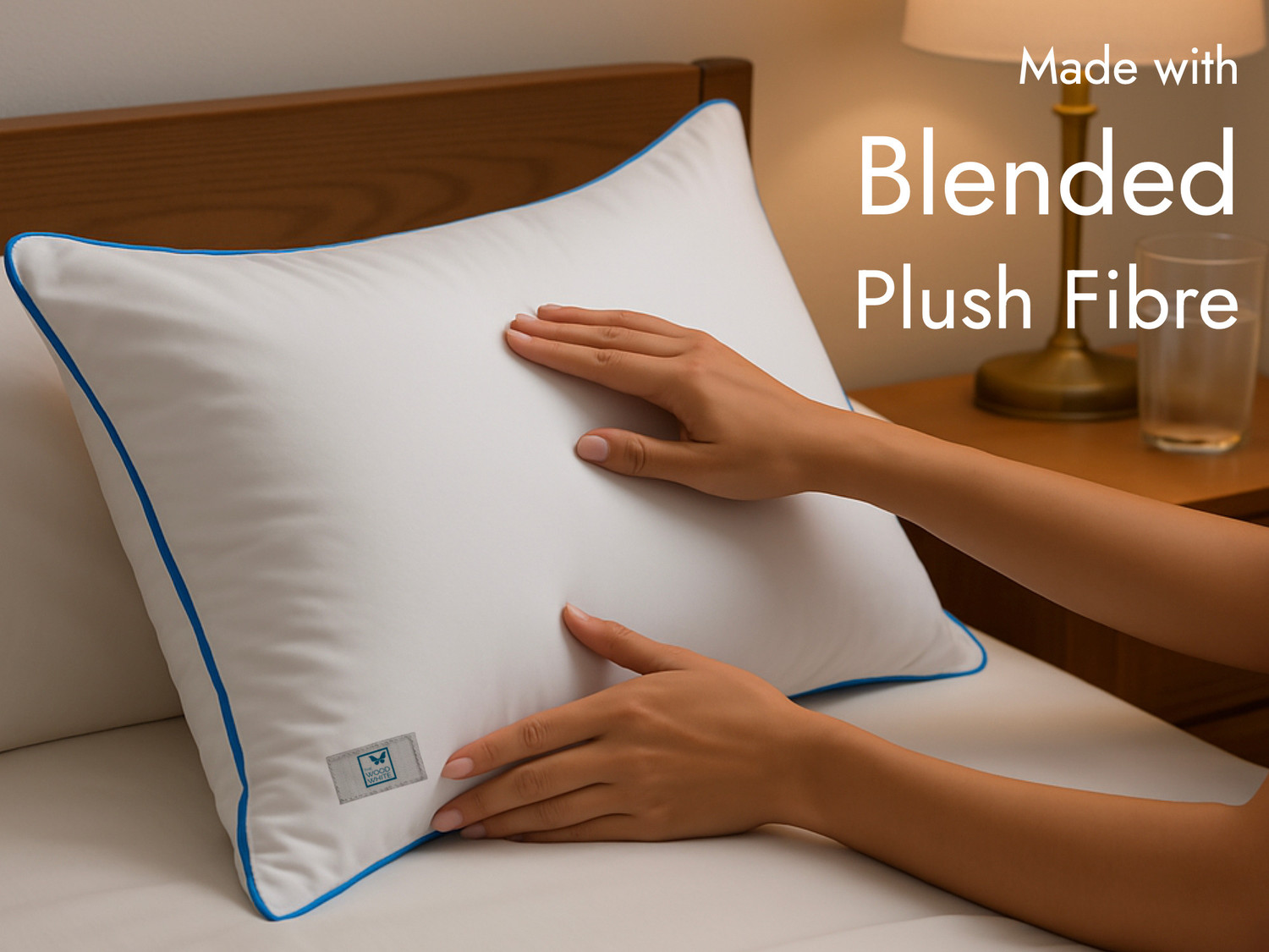 Image of THE WOOD WHITE INDIA Polyester Fibre Sleeping Pillow Pack of 2 Solid Basic White Pillow Set of 2 in 41 x 61 cm with Blue Border