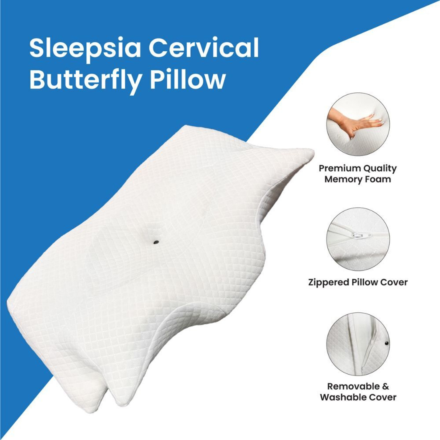 Image of Sleepsia Memory Foam Sleeping Pillow Pack of 1 Solid Butterfly Memory Foam Contour Cervical Orthopedic Pillow for Neck Pain Relief -