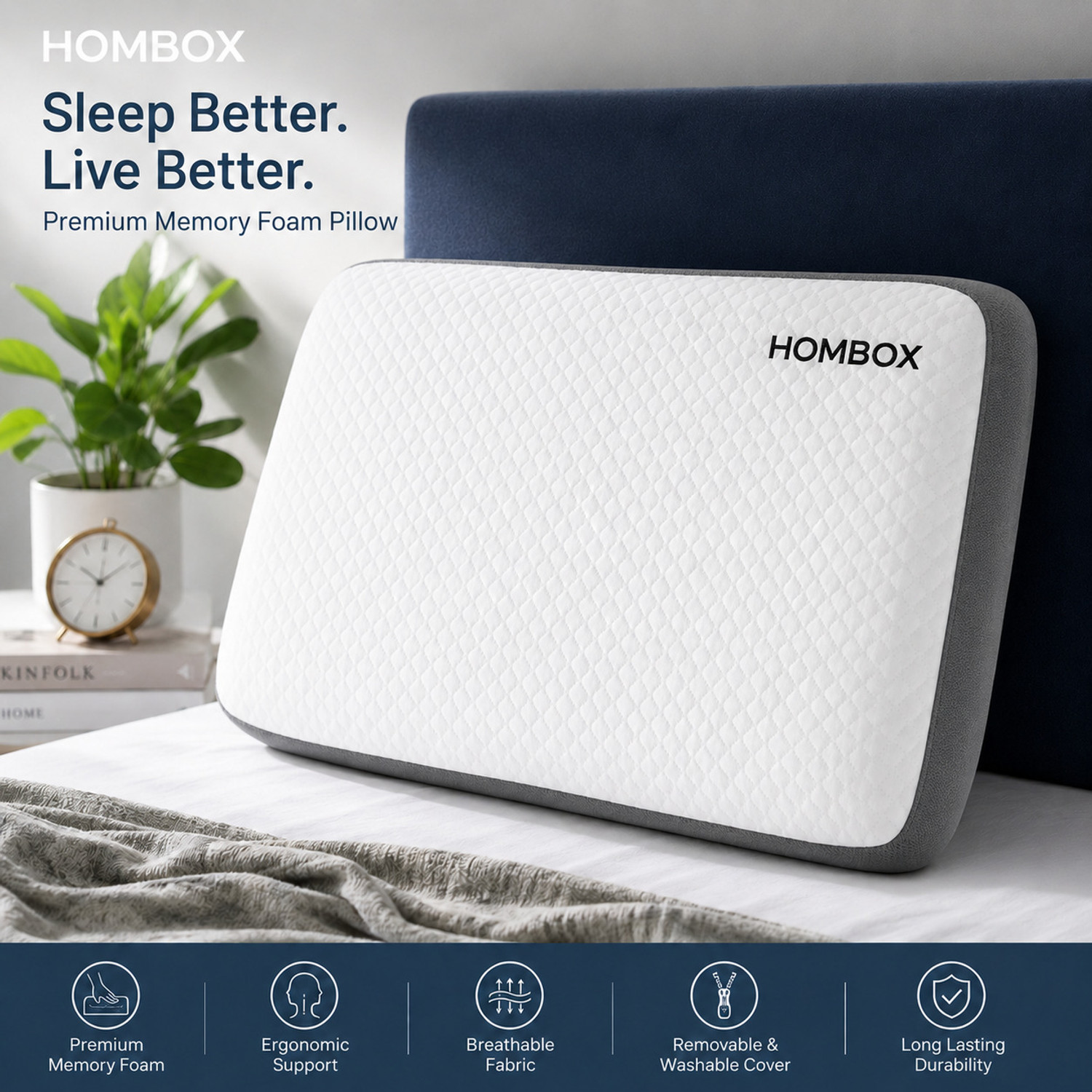Image of HOMBOX Memory Foam Orthopaedic Pillow Pack of 1 Geometric Queen Size Memory Foam Pillow