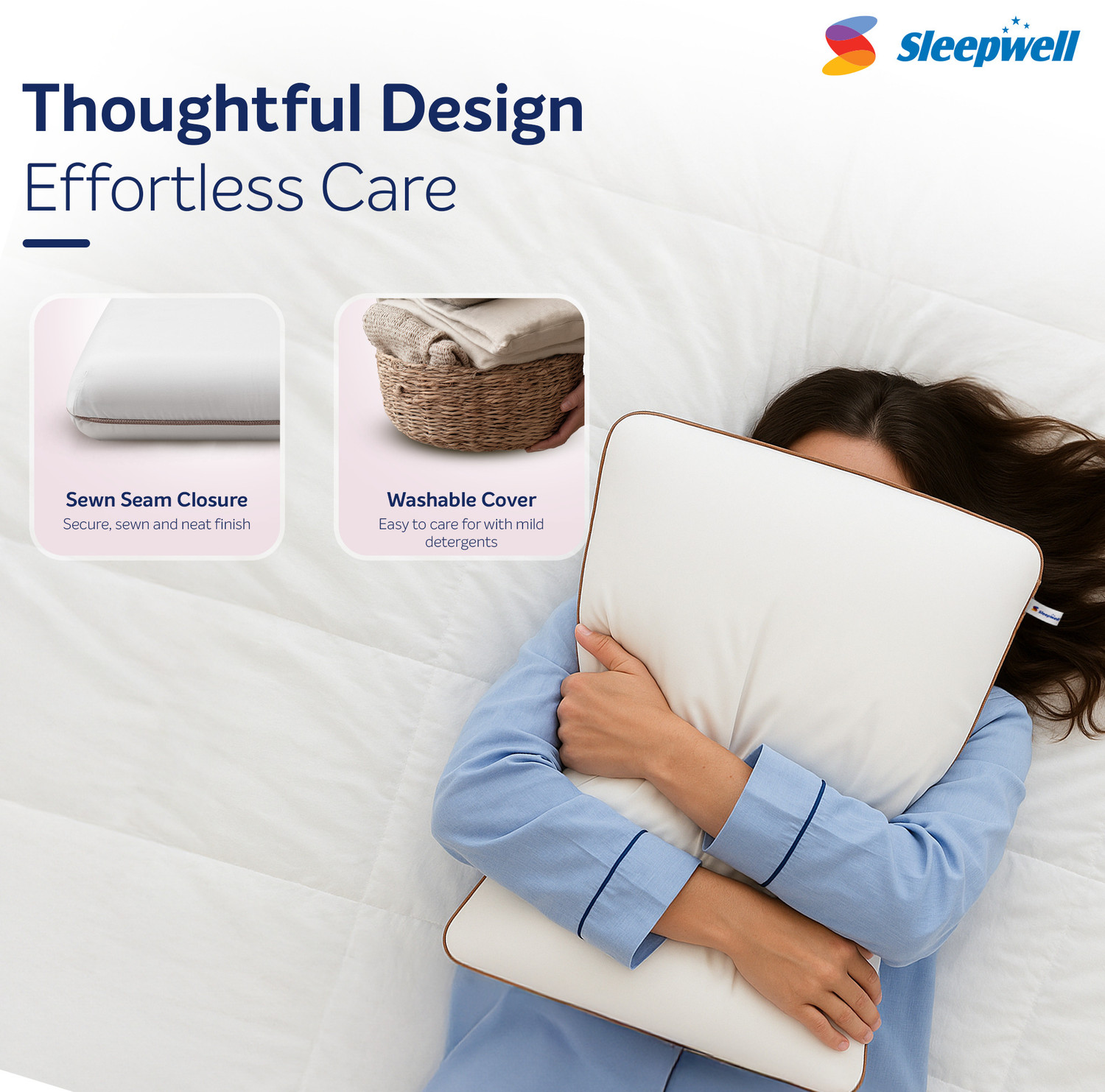 Image of Sleepwell Foam Sleeping Pillow Pack of 1 Solid Zenn Classic, Thin Contour Pillow, Back, Side & Stomach Sleepers, 24 x 16 inches