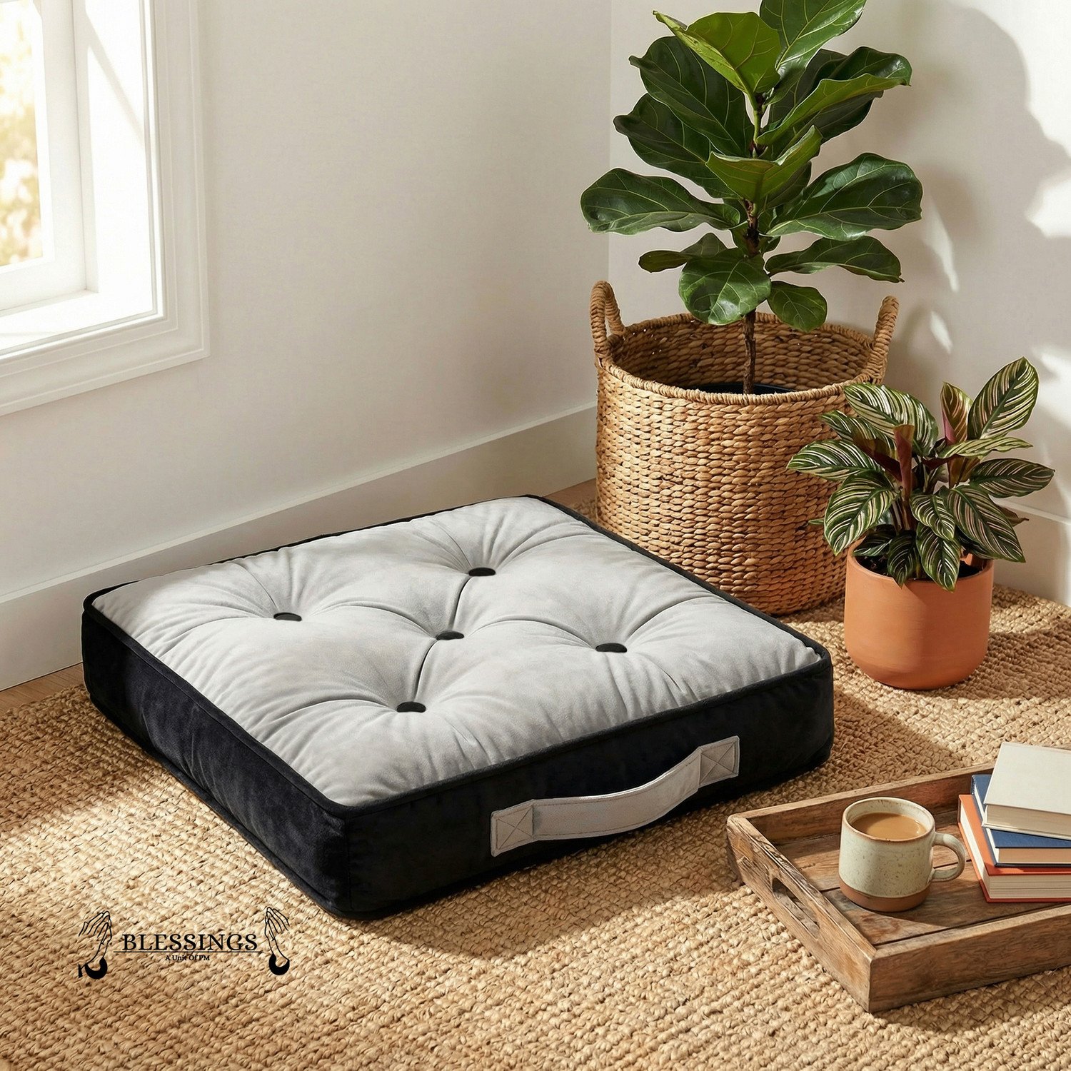 Image of BLESSINGS Microfibre Floor Cushion Pack of 1 Solid Tufed Floor Cushion (Grey)