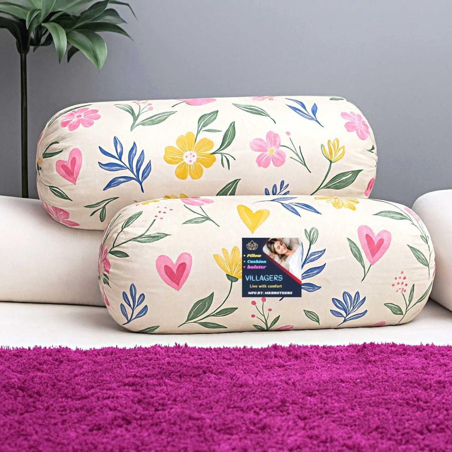 Image of VILLAGERS Microfibre Bolster Pack of 2 Floral Floral Heart Printed