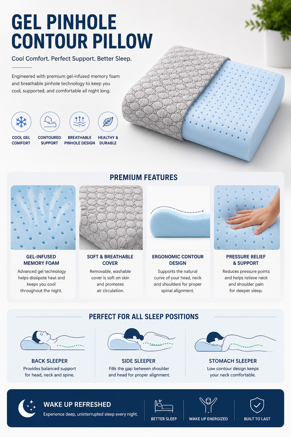 Image of COO RIZZ Nap time Anytime Memory Foam Orthopaedic Pillow Pack of 1 Geometric Cooling Contour Gel Pillow for Sleeping and Neck Pain Relief