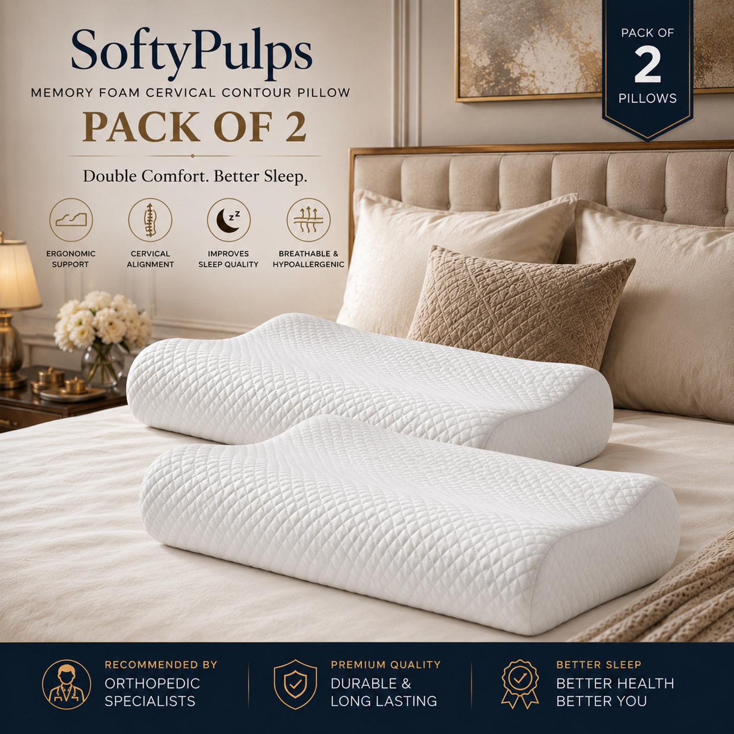Image of SoftyPulps Memory Foam Orthopaedic Pillow Pack of 2 Solid Softypulps Contour Cervical Memory Foam Pillow