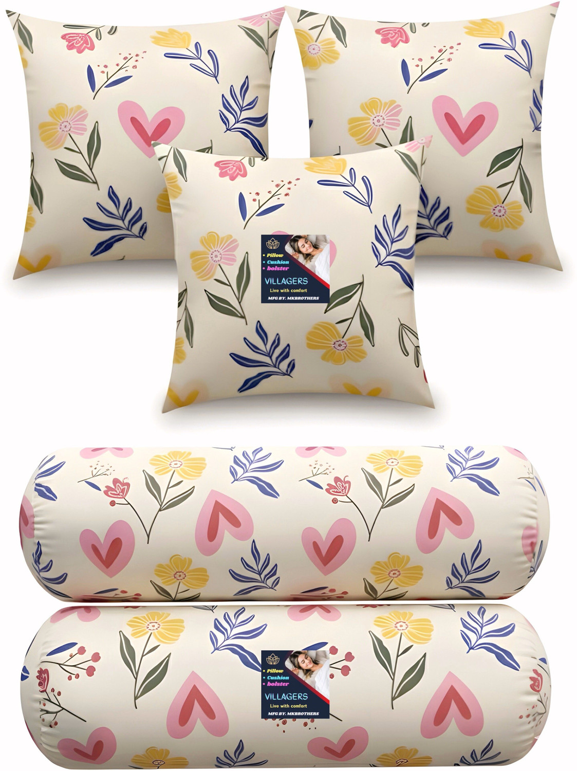 Image of VILLAGERS Microfibre Bolster Pack of 5 Floral 3 Cushion and 2 Bolster