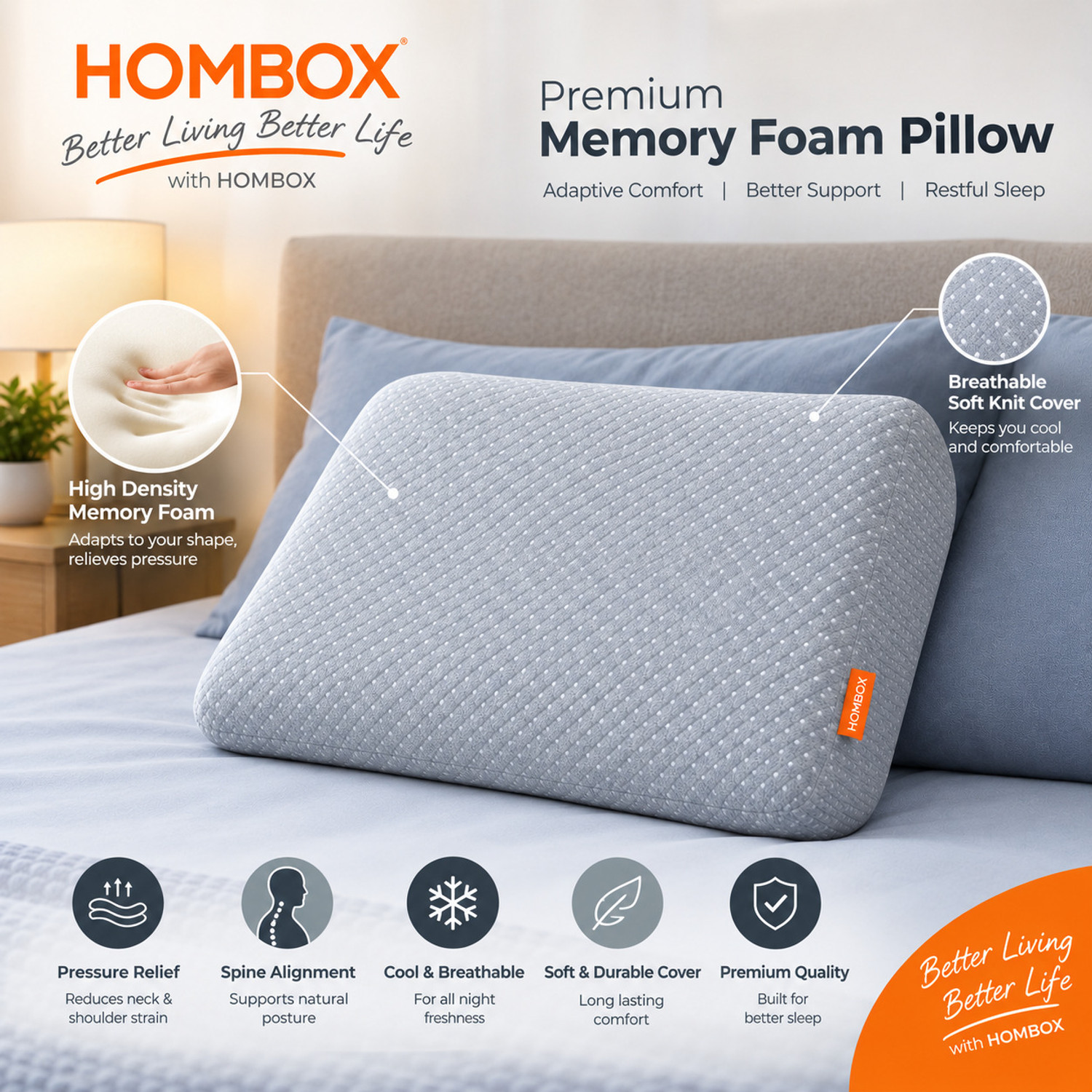 Image of HOMBOX Memory Foam Sleeping Pillow Pack of 2 Solid Memory Foam Pillow Doted Grey I 24x16x4 Inch (Grey)