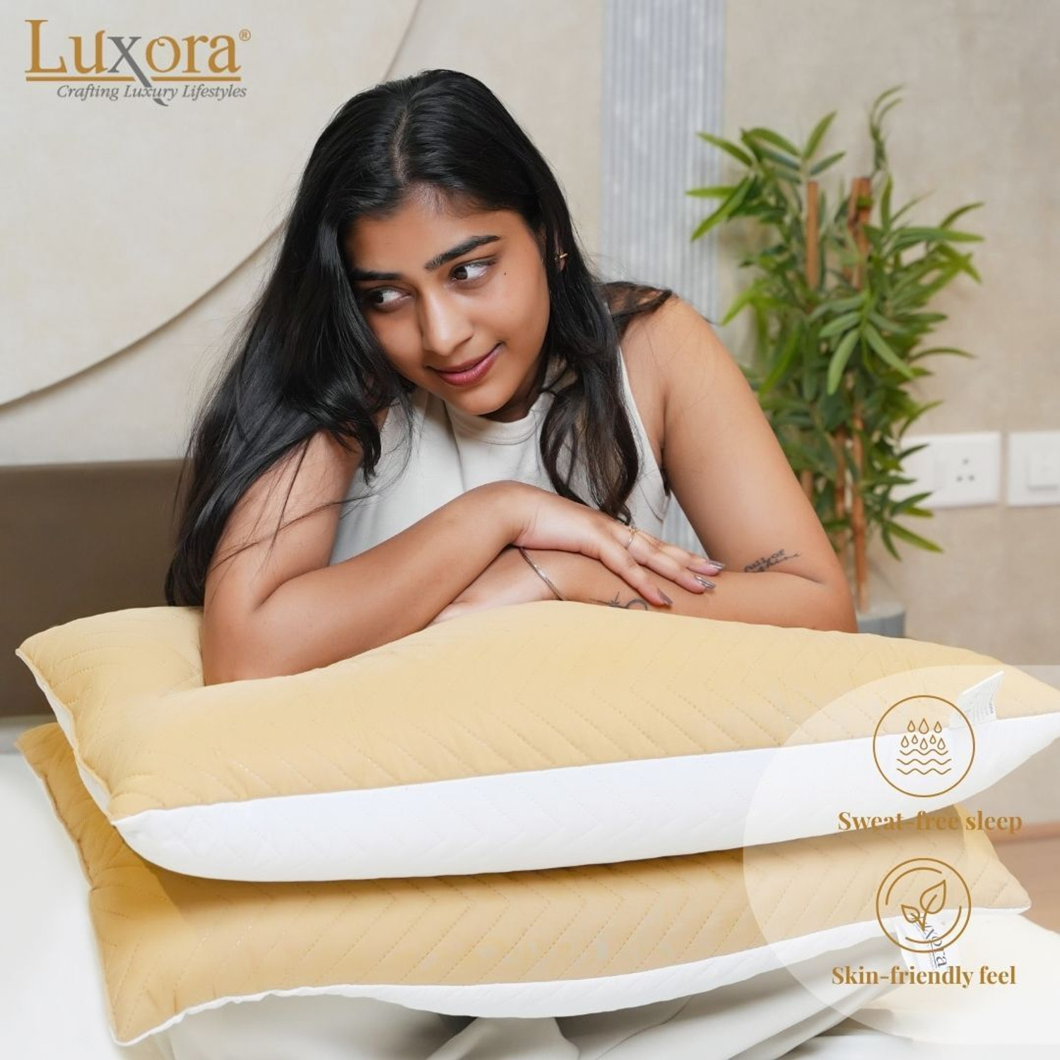Image of Luxora Microfibre Sleeping Pillow Pack of 1 Geometric Luxury (Beige and White)