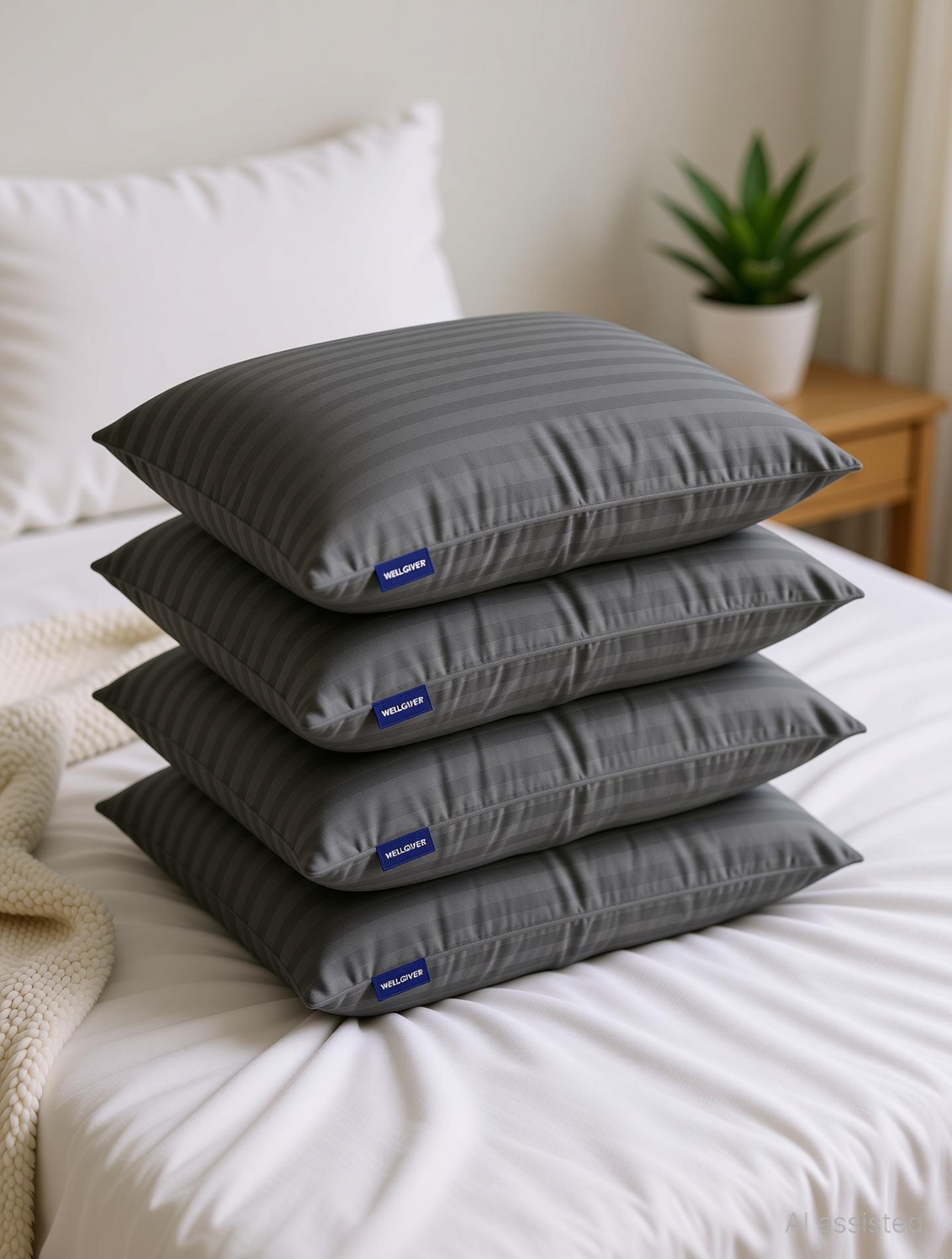 Image of WELLGIVER Microfibre Sleeping Pillow Pack of 4 Stripes Ultra Soft Bed Pillow for Sleeping, 41x61 cm, Soft & Fluffy, with Inner Cover