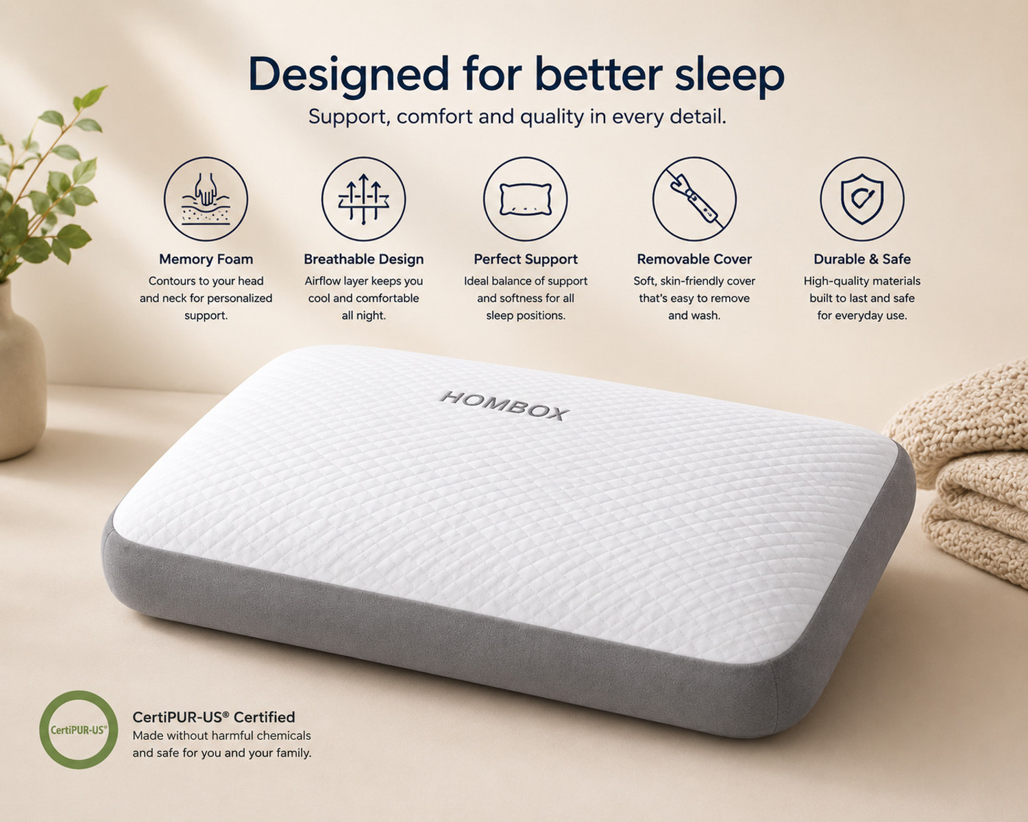 Image of HOMBOX Memory Foam Orthopaedic Pillow Pack of 1 Geometric Memory Foam Pillow (King Size)