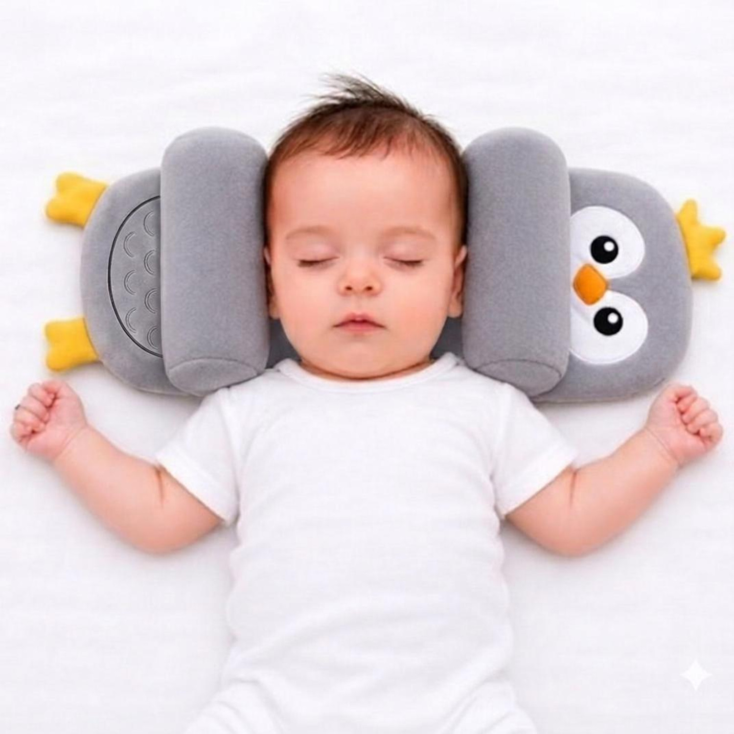Image of snugnibble Microfibre Baby Pillow Pack of 1 Animals Grey Penguin Baby Pillow Head Shaping Pillow Soft Fabric Adjustable