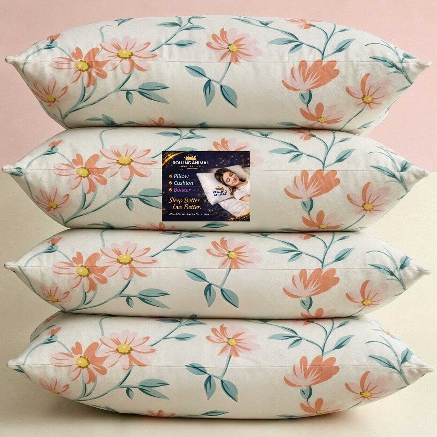 Image of Rolling Animal Cotton Sleeping Pillow Pack of 4 Floral Premium Pillow Set