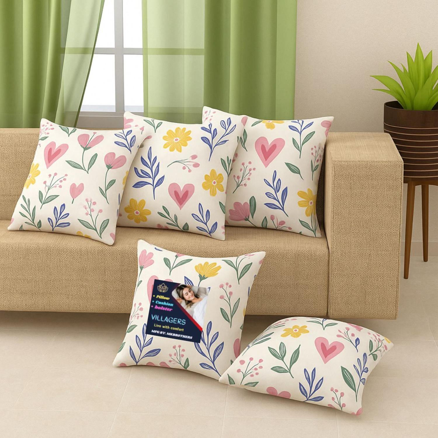 Image of VILLAGERS Microfibre Bolster Pack of 7 Floral 5 Cushion and 2 Bolster