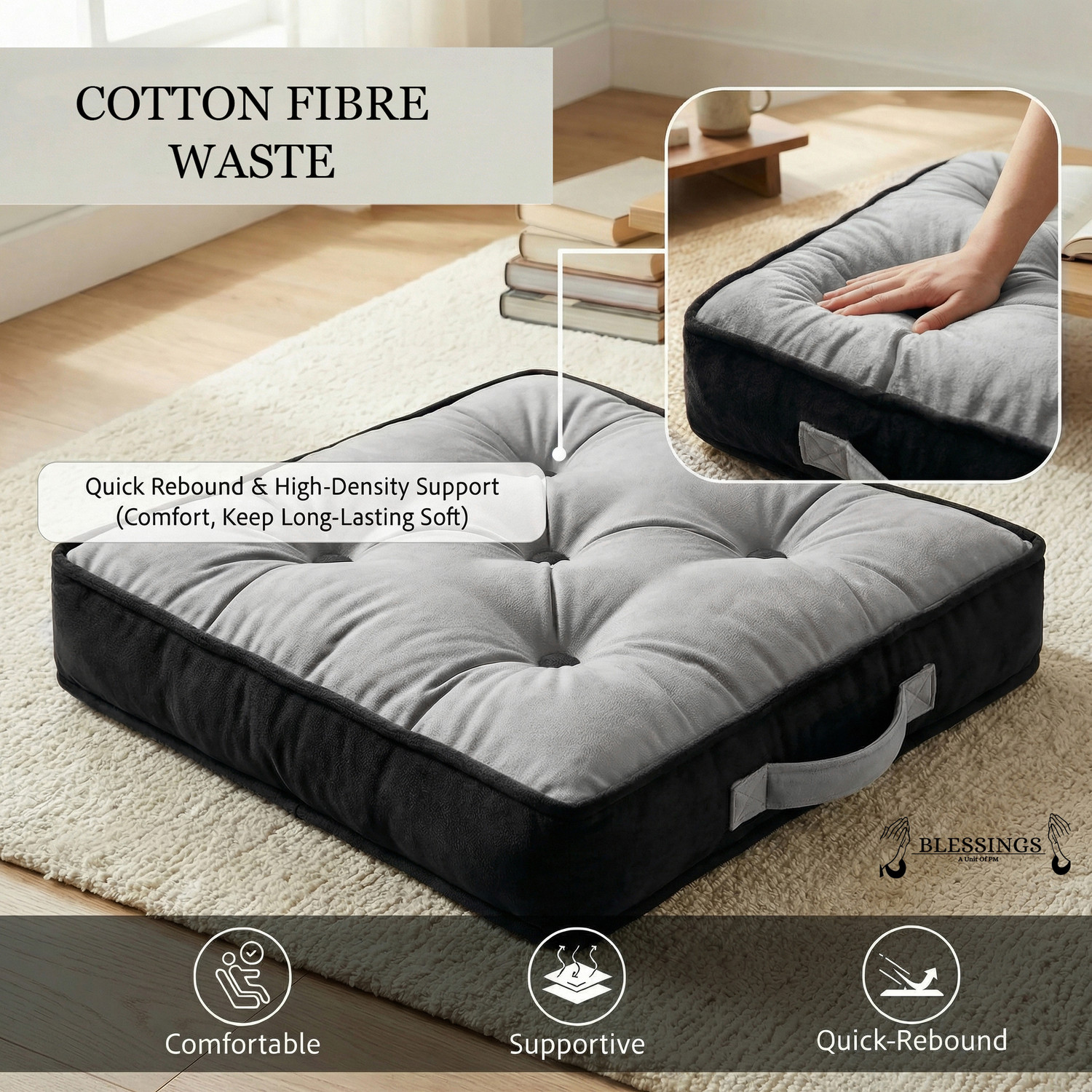 Image of BLESSINGS Microfibre Floor Cushion Pack of 1 Solid Tufed Floor Cushion (Grey)