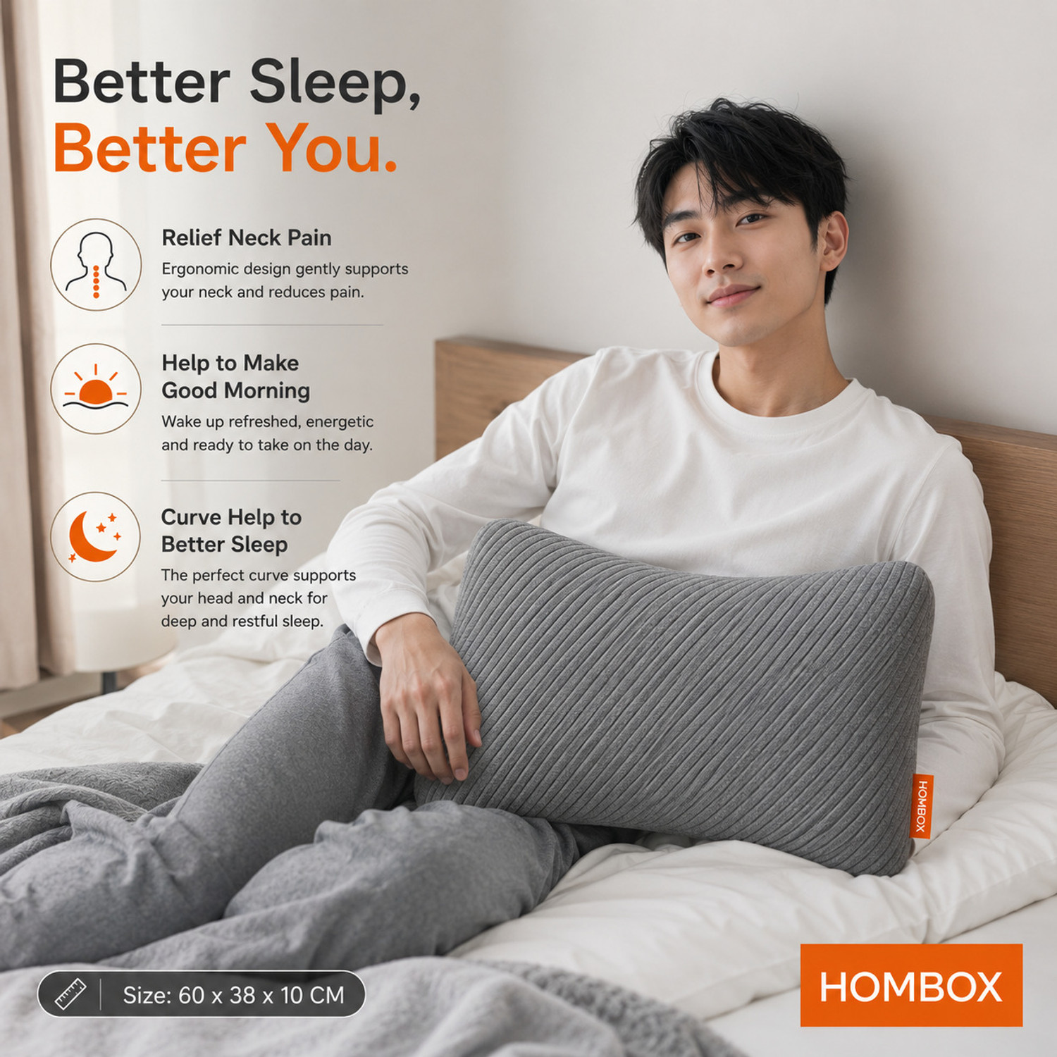 Image of HOMBOX Memory Foam Orthopaedic Pillow Pack of 1 Stripes Everyday Comfort, Better Sleep