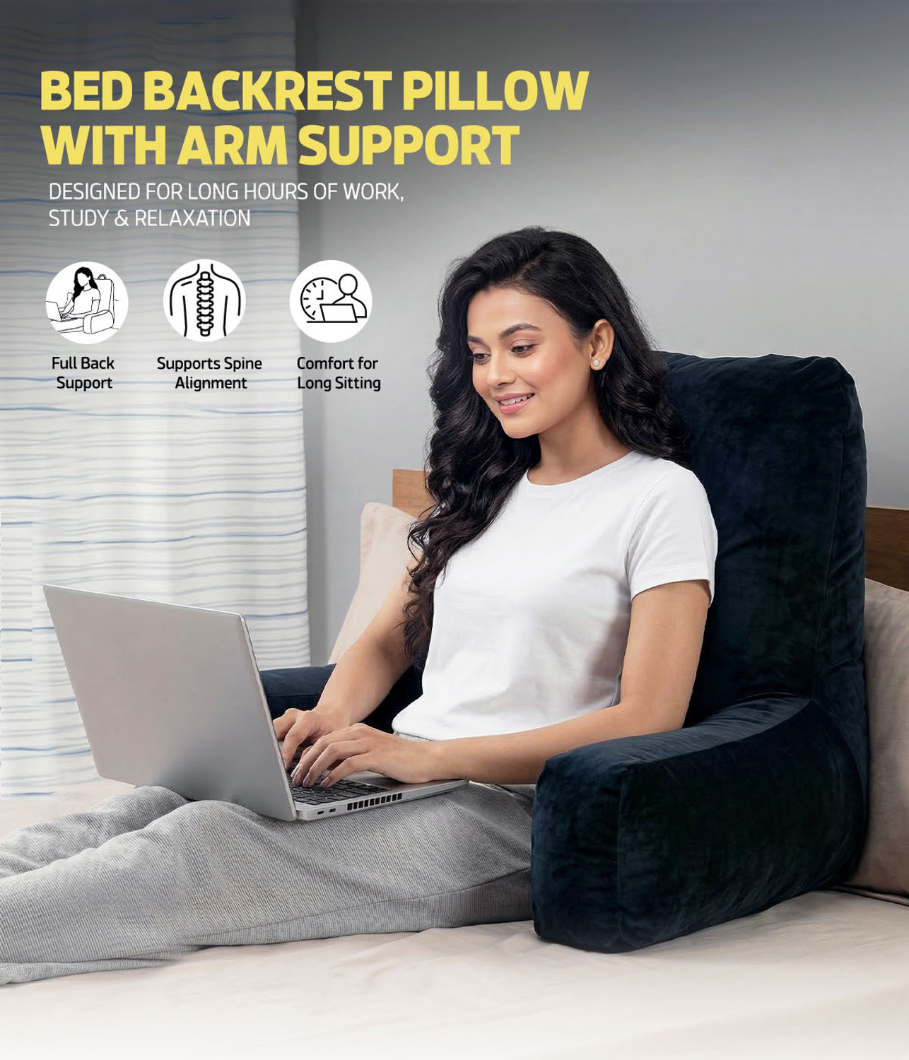 Image of HOMESO Microfibre Body Pillow Pack of 1 Solid Bear Reading Pillow /Bed Rest with Support Arms & Back Support for working in Bed (Black)