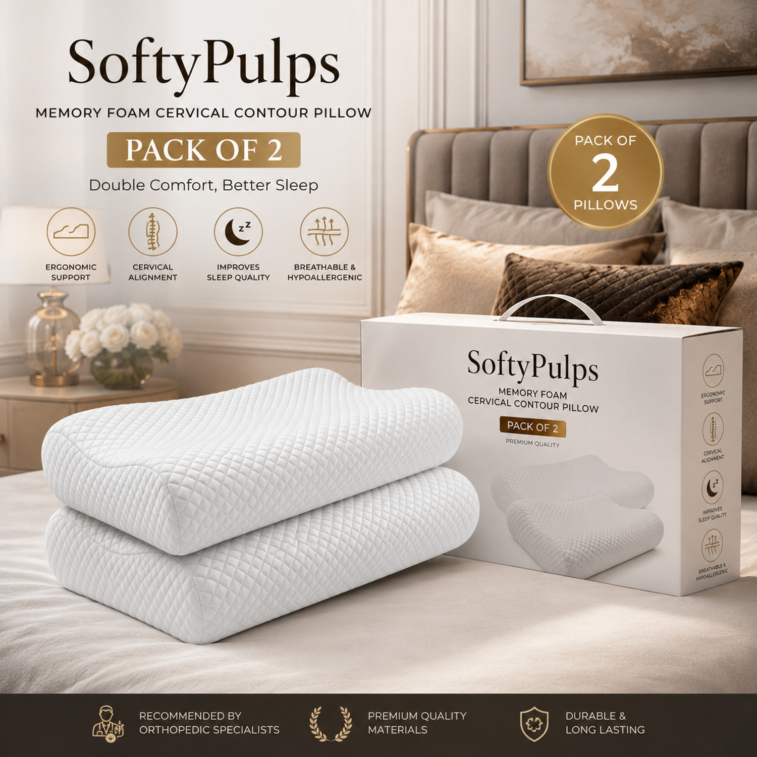 Image of SoftyPulps Memory Foam Orthopaedic Pillow Pack of 2 Solid Softypulps Contour Cervical Memory Foam Pillow