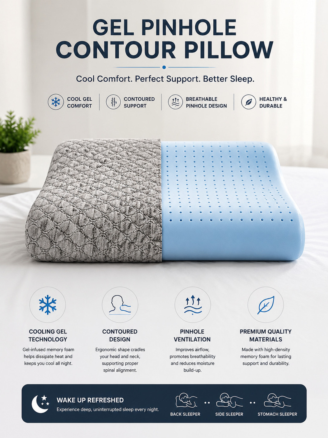 Image of COO RIZZ Nap time Anytime Memory Foam Orthopaedic Pillow Pack of 1 Geometric Cooling Contour Gel Pillow for Sleeping and Neck Pain Relief
