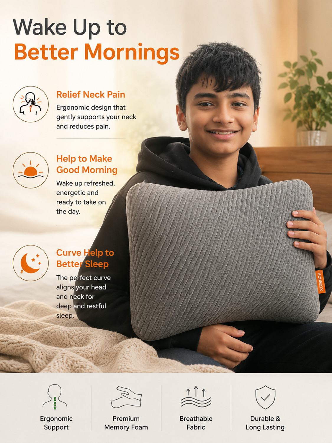 Image of HOMBOX Memory Foam Orthopaedic Pillow Pack of 1 Stripes Everyday Comfort, Better Sleep