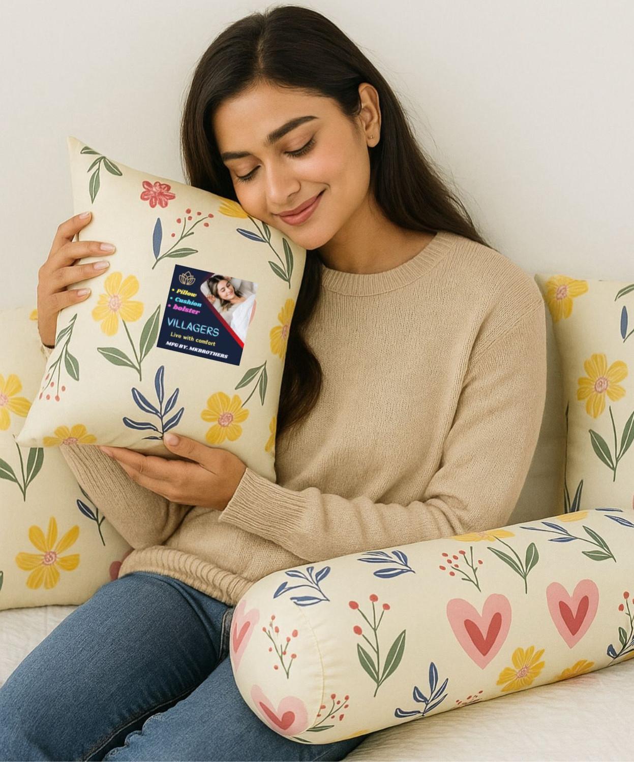 Image of VILLAGERS Microfibre Bolster Pack of 7 Floral 5 Cushion and 2 Bolster