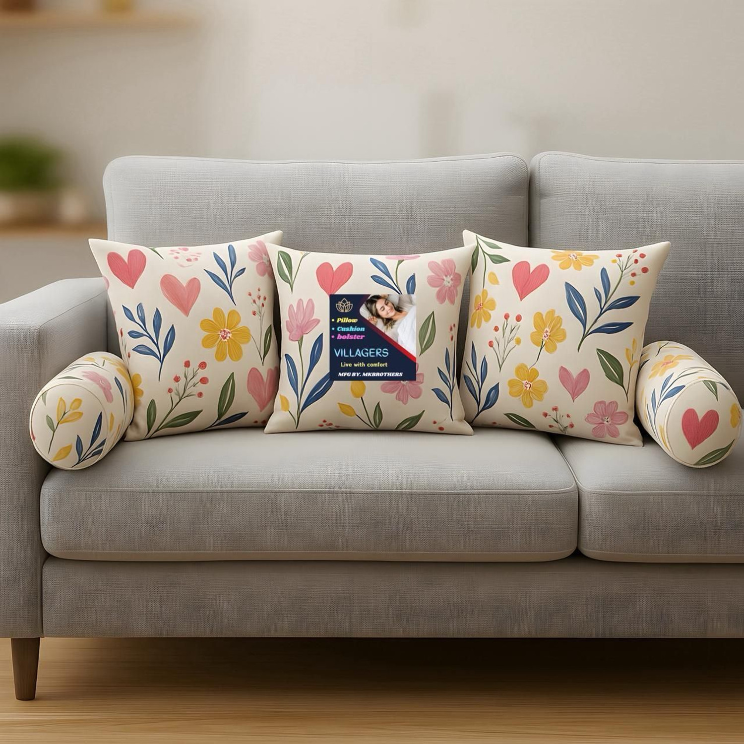 Image of VILLAGERS Microfibre Bolster Pack of 5 Floral 3 Cushion and 2 Bolster