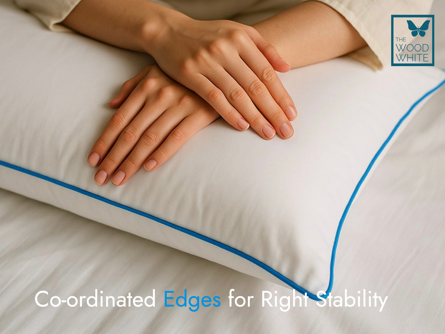 Image of THE WOOD WHITE INDIA Polyester Fibre Sleeping Pillow Pack of 2 Solid Basic White Pillow Set of 2 in 41 x 61 cm with Blue Border