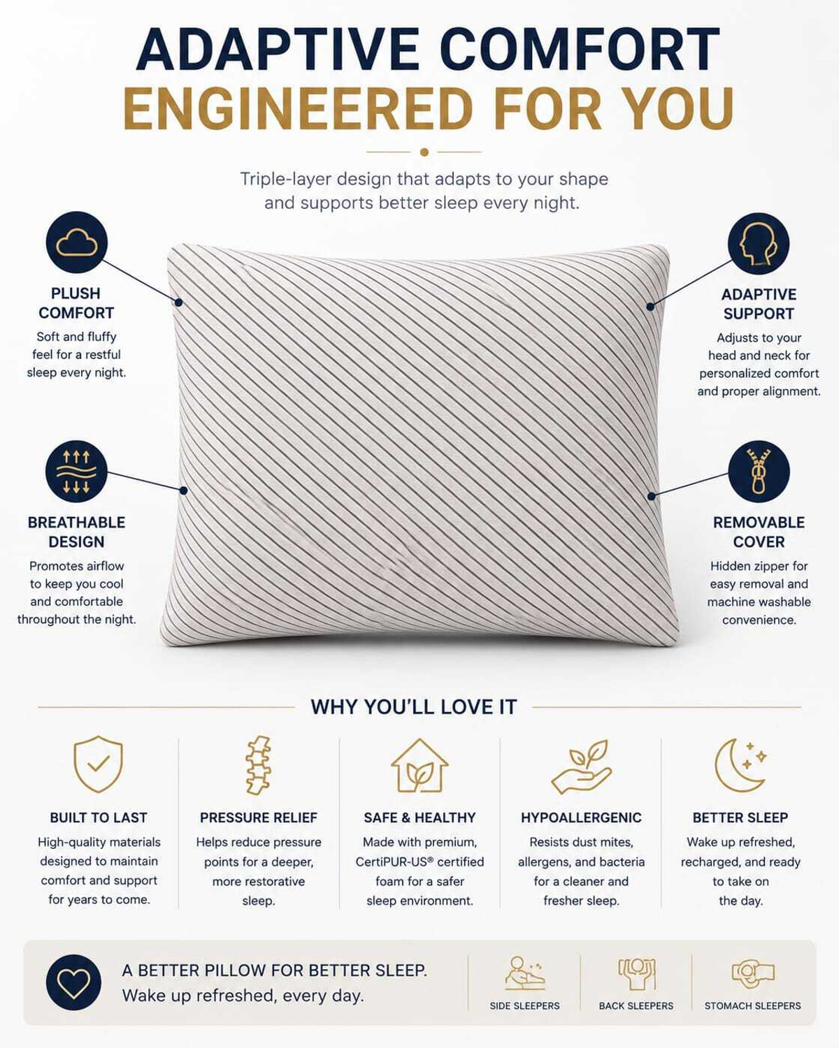 Image of COO RIZZ Nap time Anytime Memory Foam Sleeping Pillow Pack of 1 Stripes Shredded Memory Foam Pillow with Extra Filling