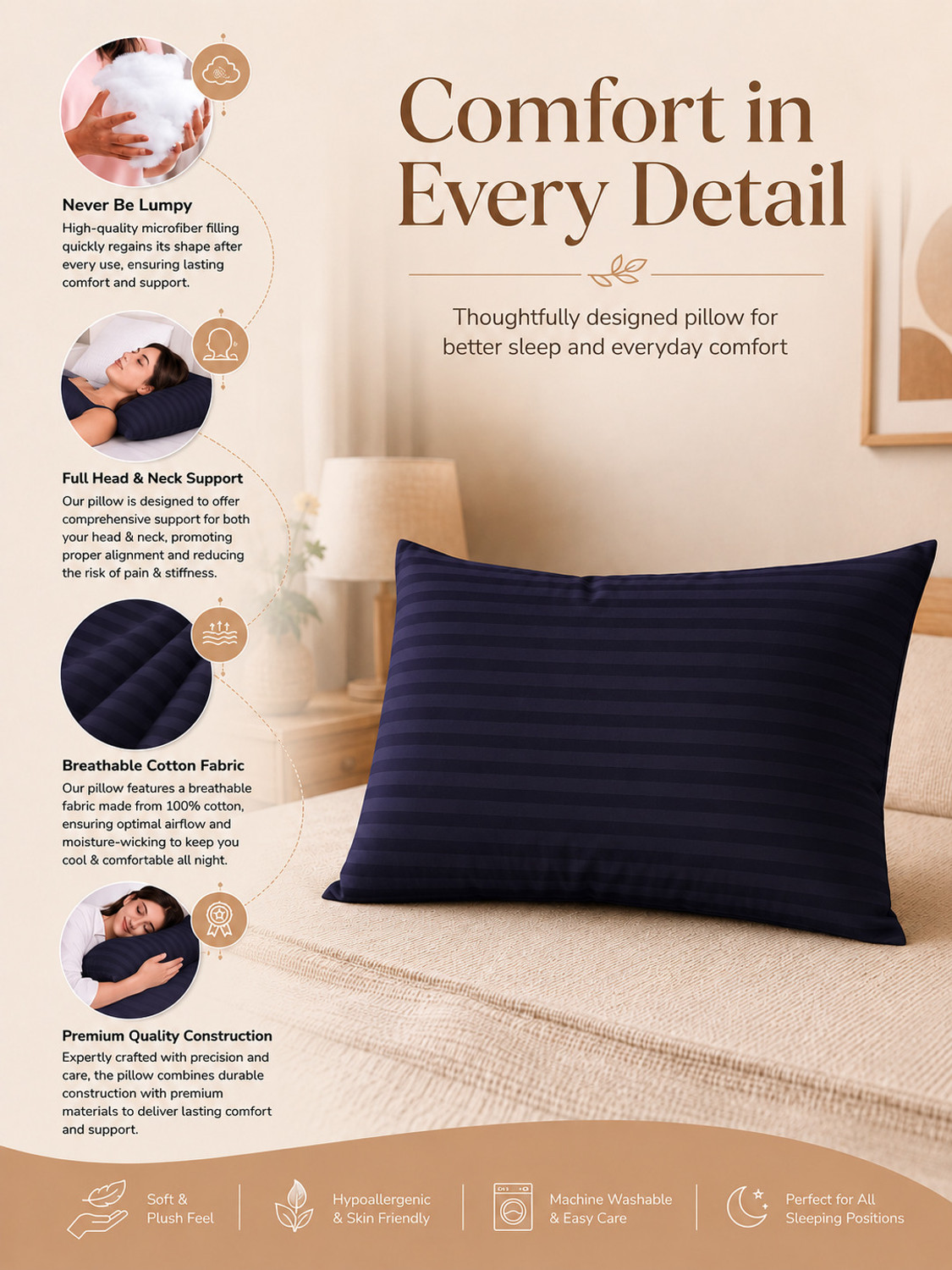 Image of LA VERNE Microfibre Sleeping Pillow Pack of 1 Stripes