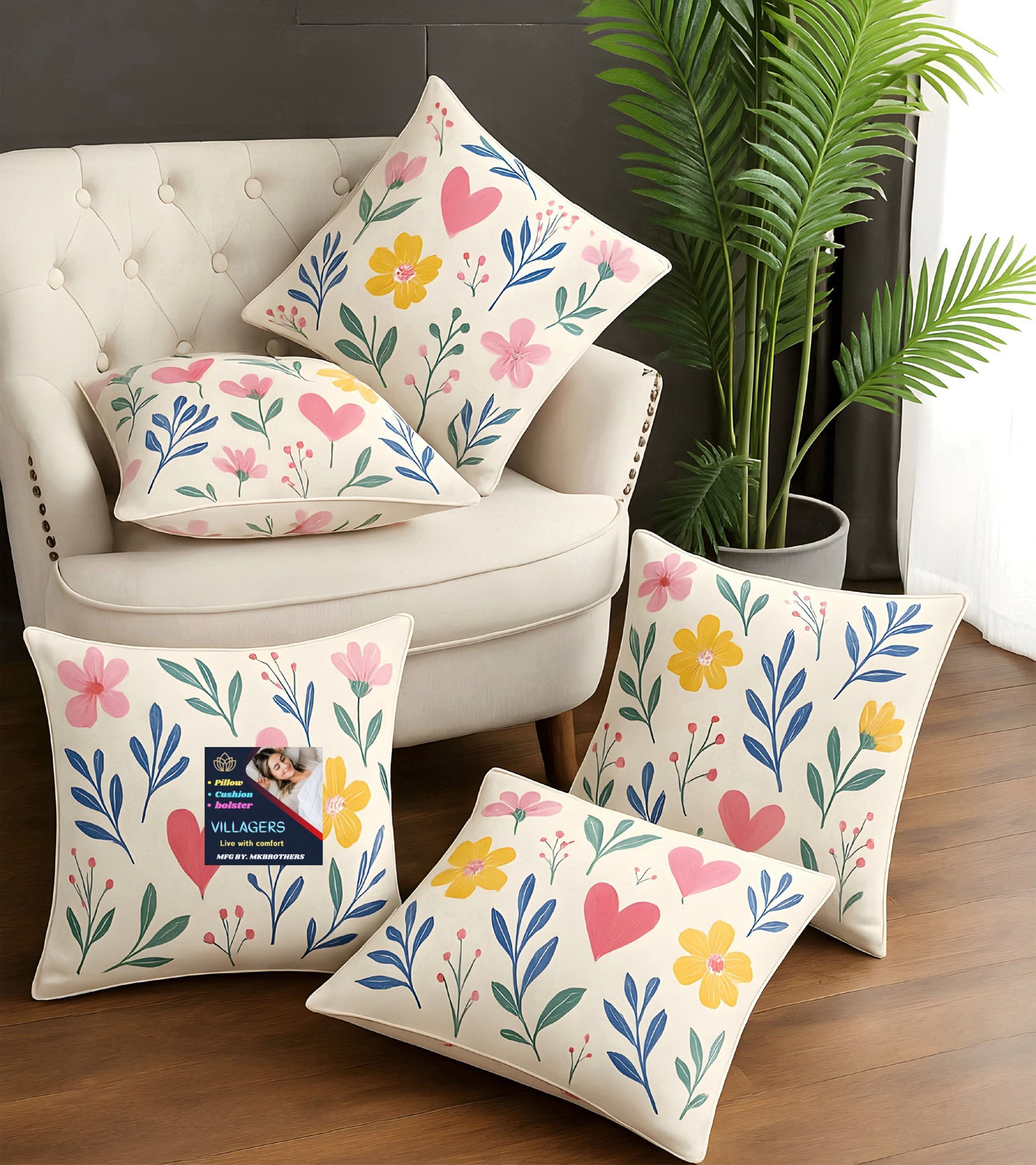 Image of VILLAGERS Microfibre Cushion Pack of 5 Floral Premium Cushion Set | (16x16 inch)
