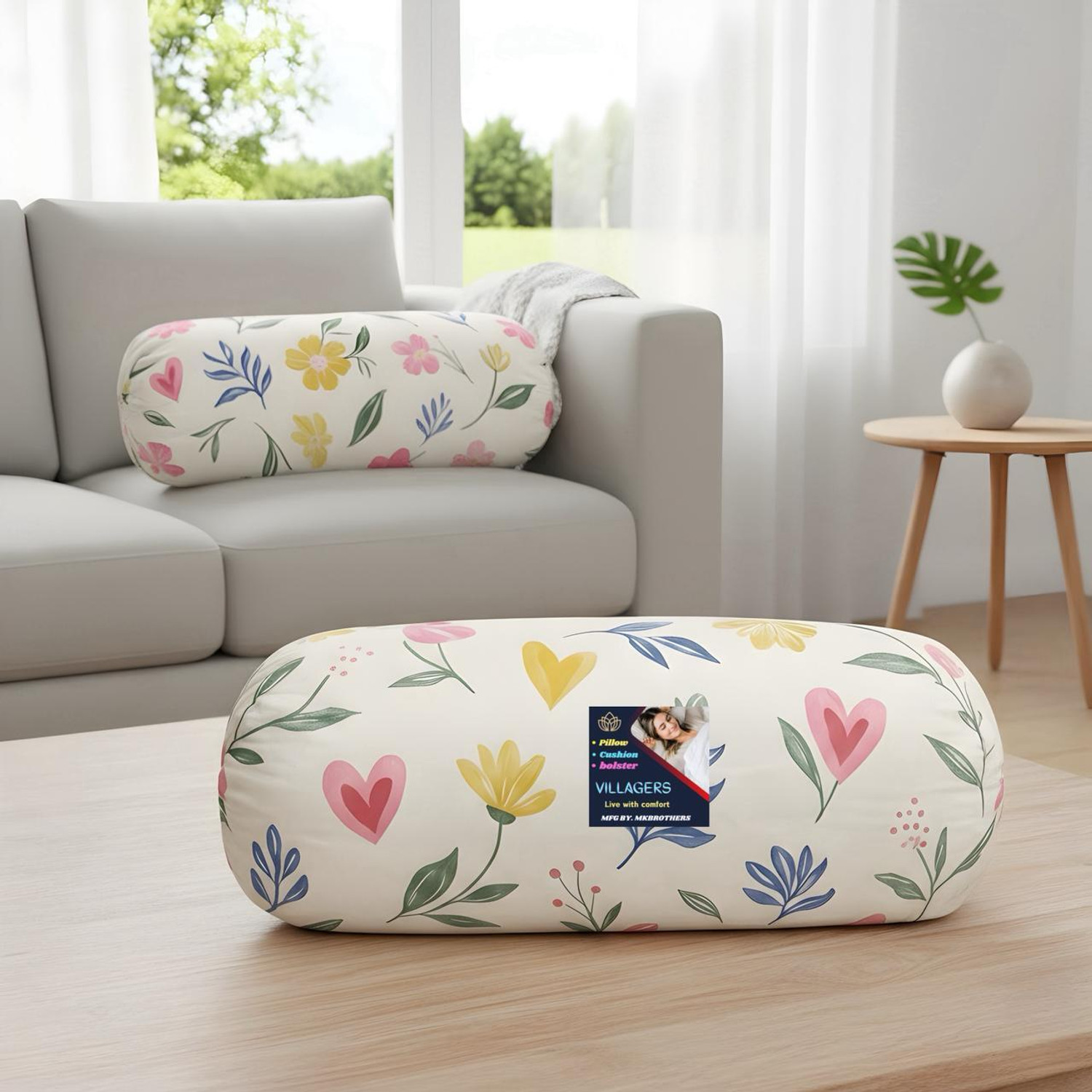 Image of VILLAGERS Microfibre Bolster Pack of 2 Floral Floral Heart Printed