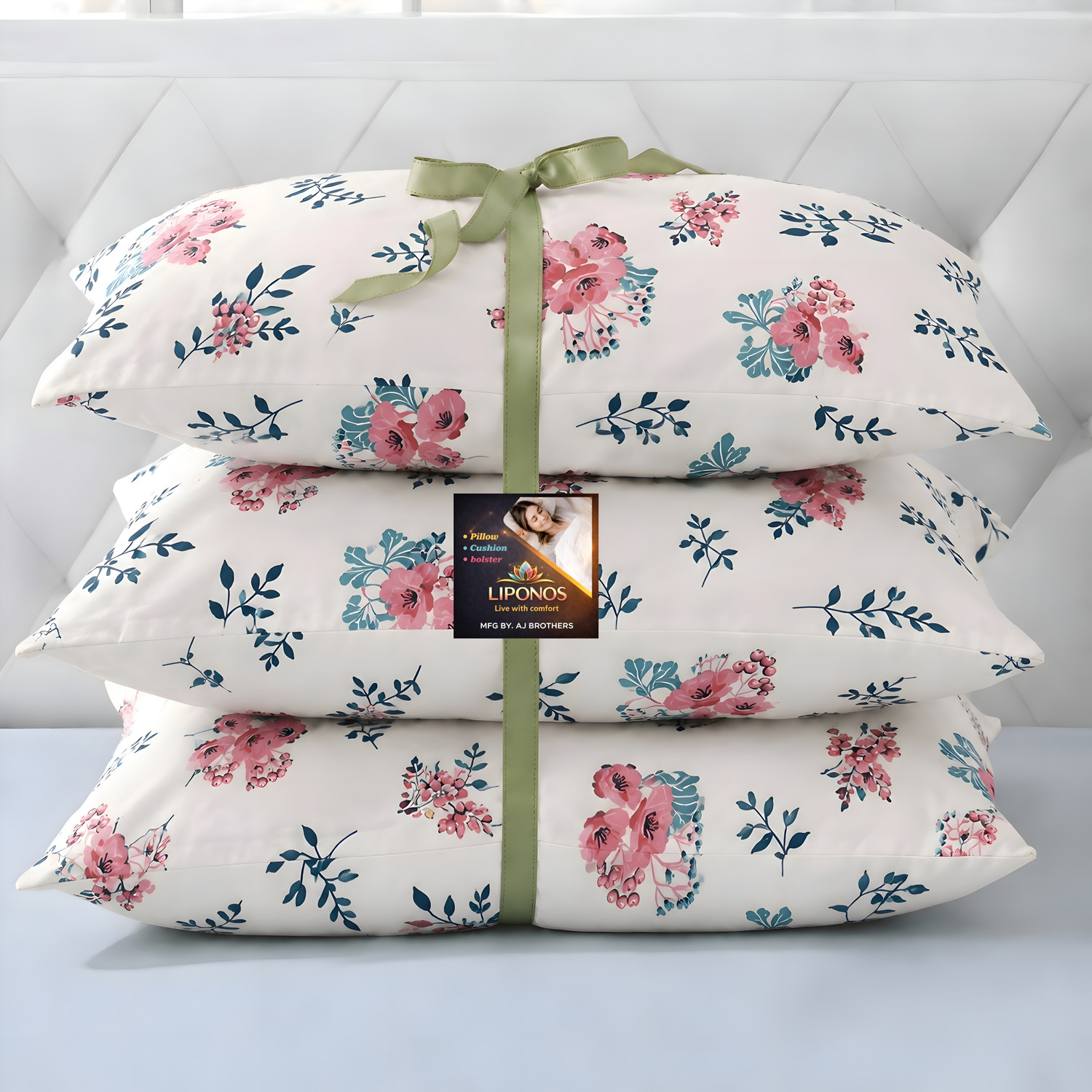 Image of LIPONOS Microfibre Sleeping Pillow Pack of 3 Floral Premium