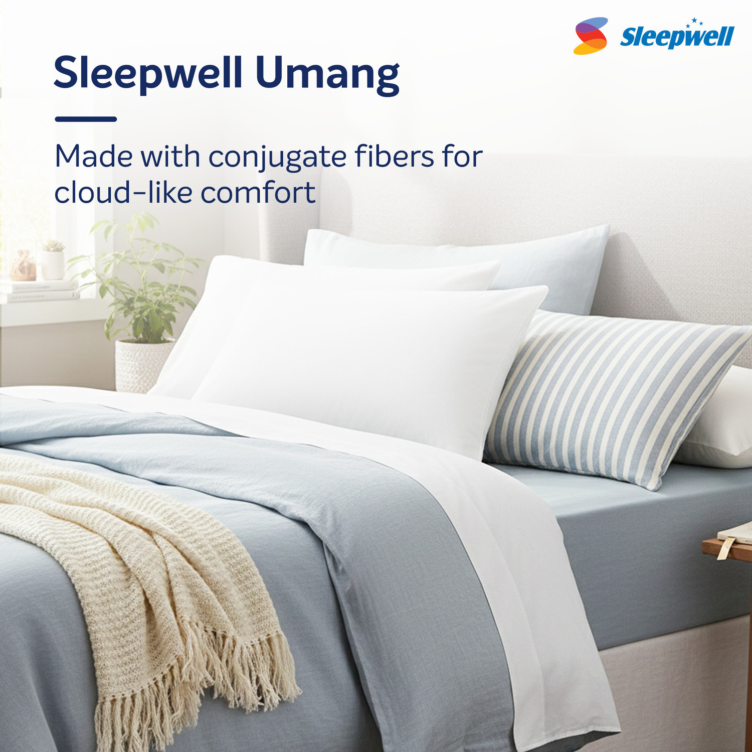 Image of Sleepwell Polyester Fibre Sleeping Pillow Pack of 2 Solid Umang, Neck Support, Hypoallergenic, Medium Soft, Lightweight, 27x17 Inch