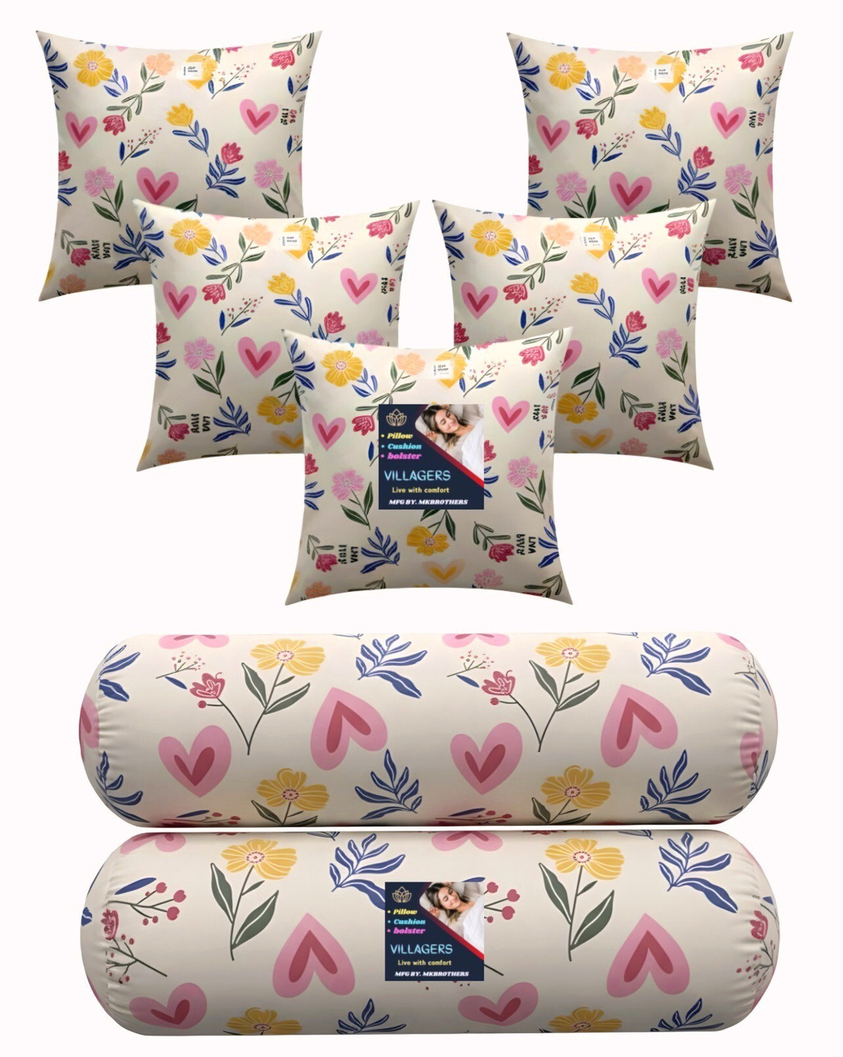 Image of VILLAGERS Microfibre Bolster Pack of 7 Floral 5 Cushion and 2 Bolster