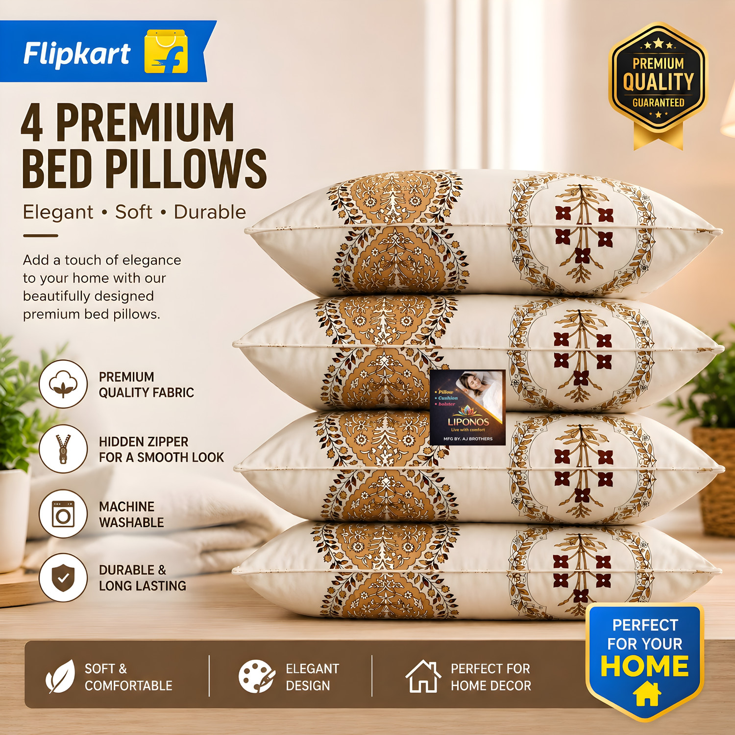 Image of LIPONOS Microfibre Sleeping Pillow Pack of 4 Floral Premium