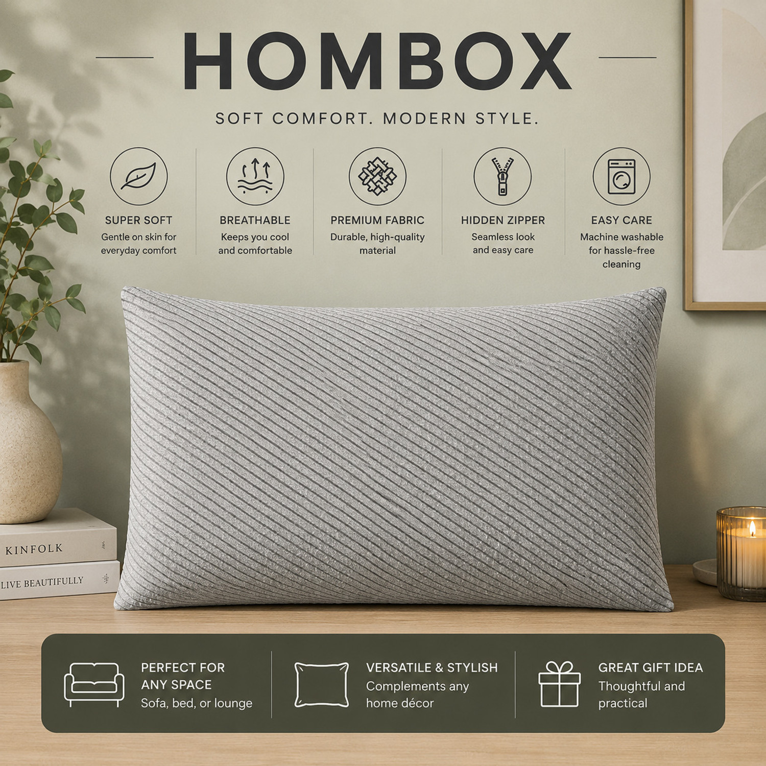 Image of HOMBOX Memory Foam Orthopaedic Pillow Pack of 1 Stripes King Size Memory Foam Pillow