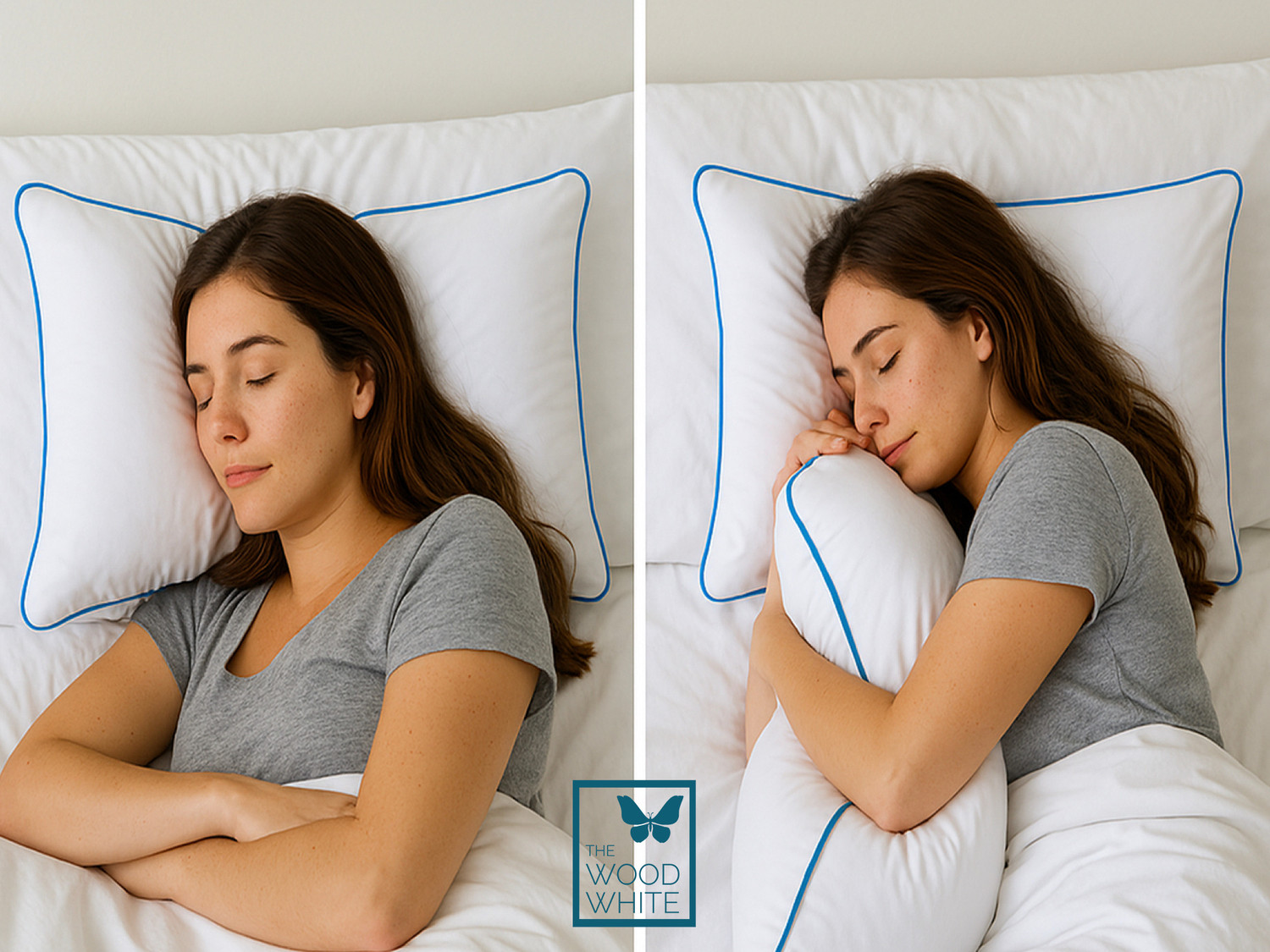 Image of THE WOOD WHITE INDIA Polyester Fibre Sleeping Pillow Pack of 2 Solid Basic White Pillow Set of 2 in 41 x 61 cm with Blue Border